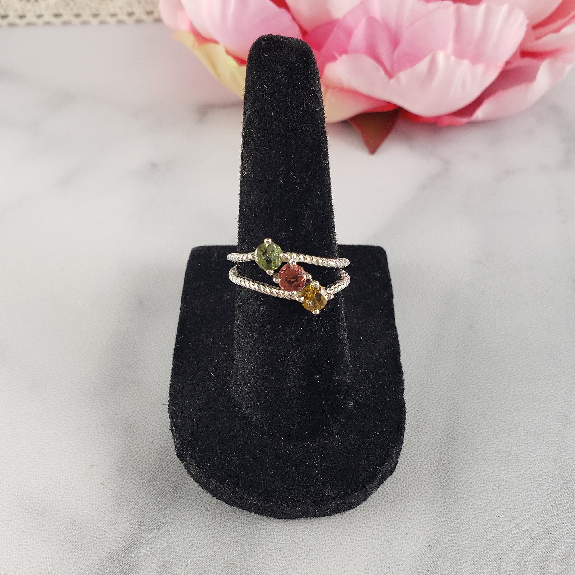 Green Tourmaline, Pink Tourmaline, & Yellow Tourmaline Crystal Natural Gemstone 925 Sterling Silver Ring | Size 5.5