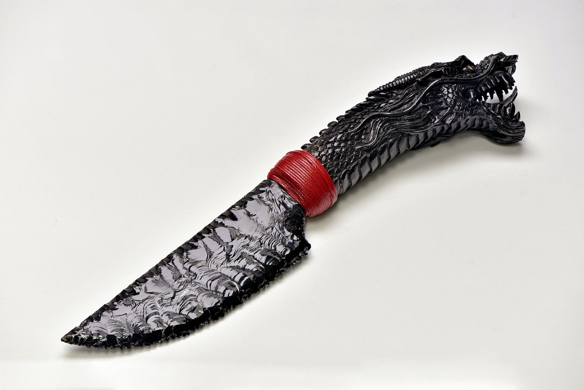 Obsidian Gemstone Blade Knife With Carved Bone Dragon Handle