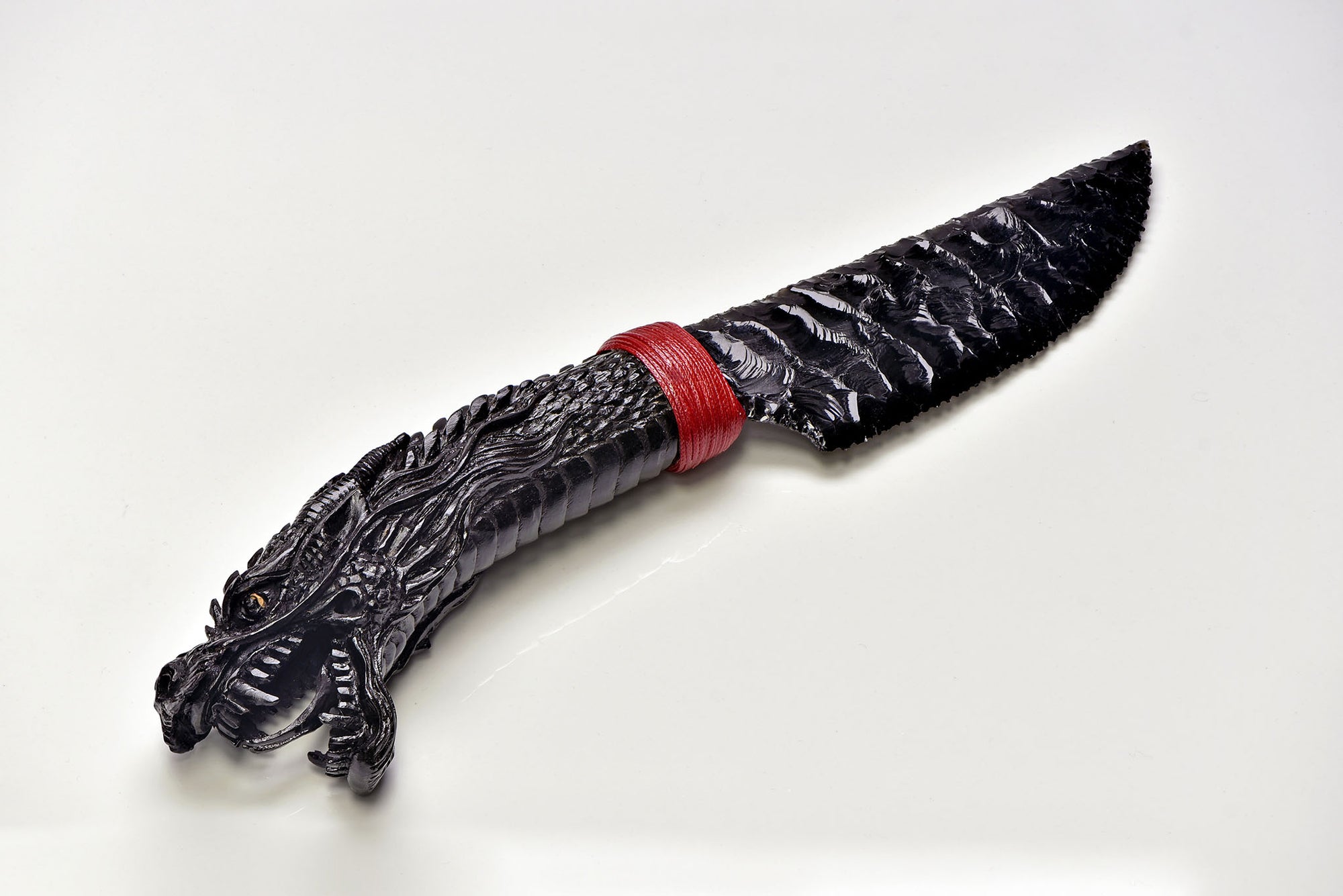 Obsidian Gemstone Blade Knife With Carved Bone Dragon Handle