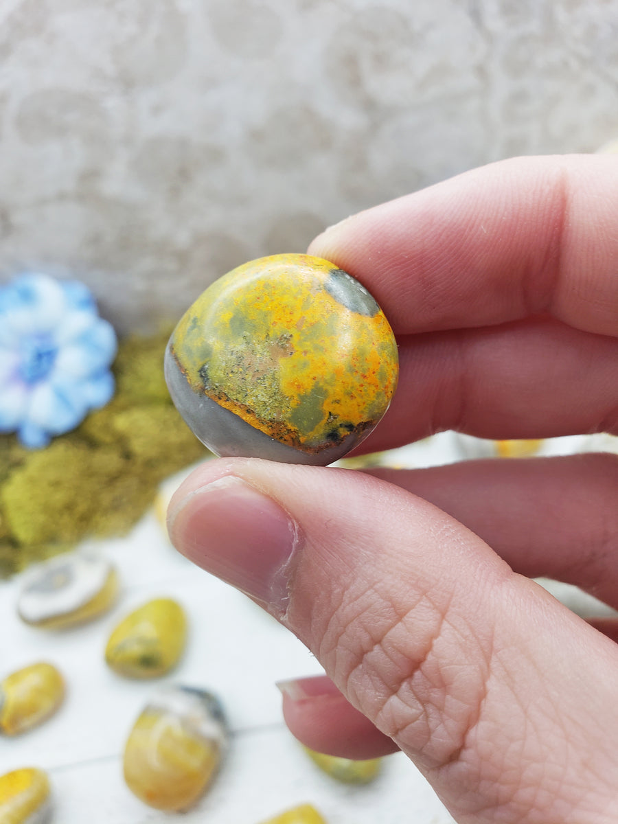 Bumblebee Jasper crystal between finers