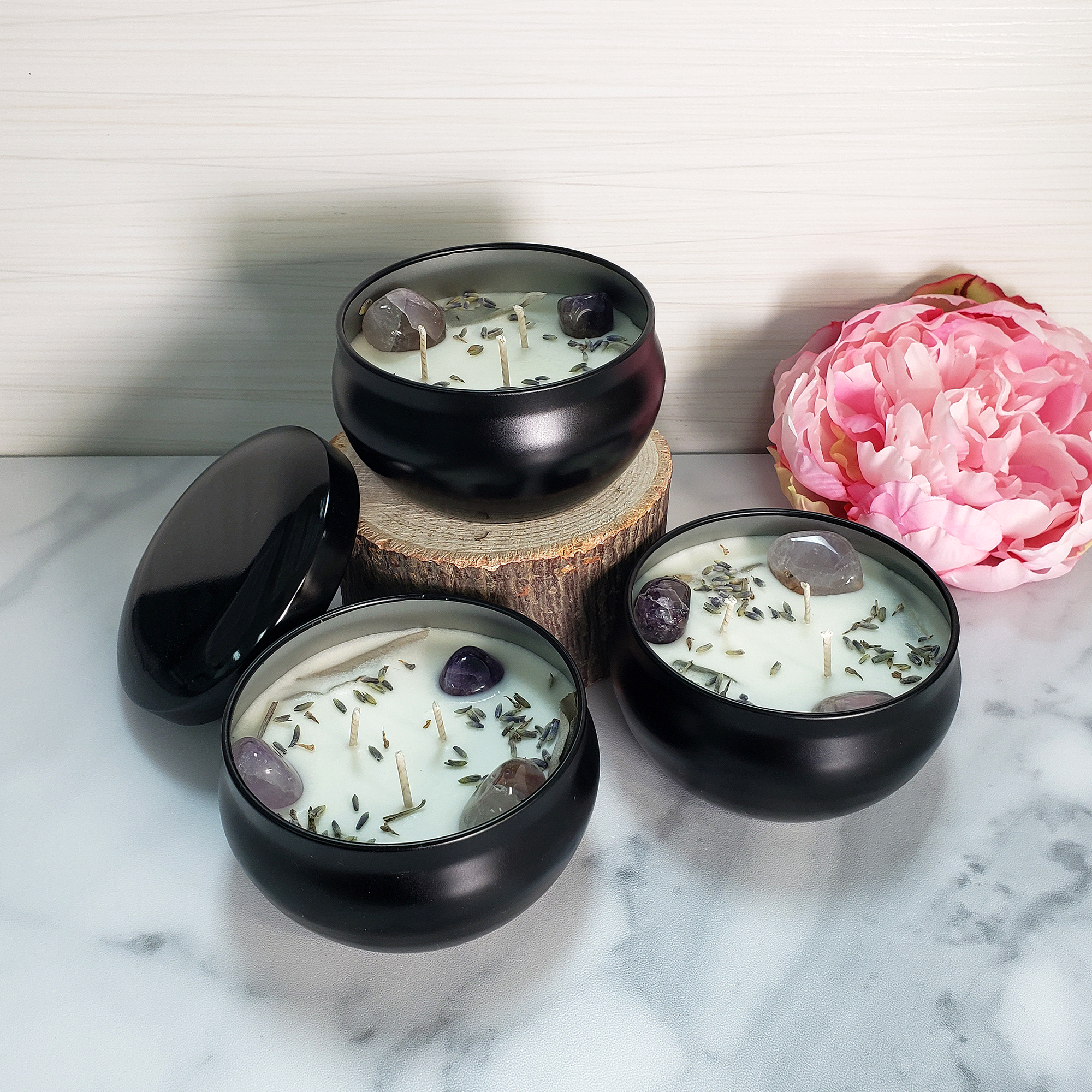 Calming Lavender - 6oz Handmade Coconut Soy Wax Scented Candle in Tin with Lid - Three Candles Displayed