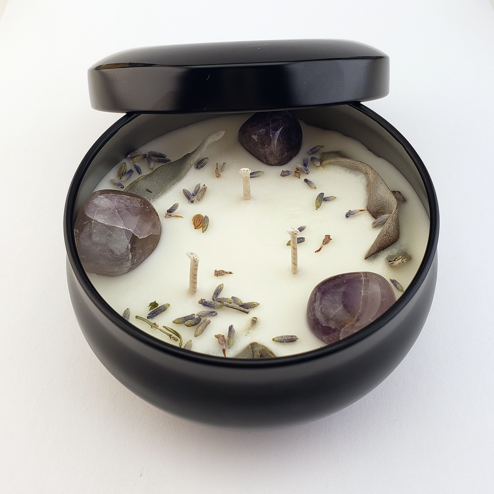 Calming Lavender - 6oz Handmade Coconut Soy Wax Scented Candle in Tin with Lid - Close Up