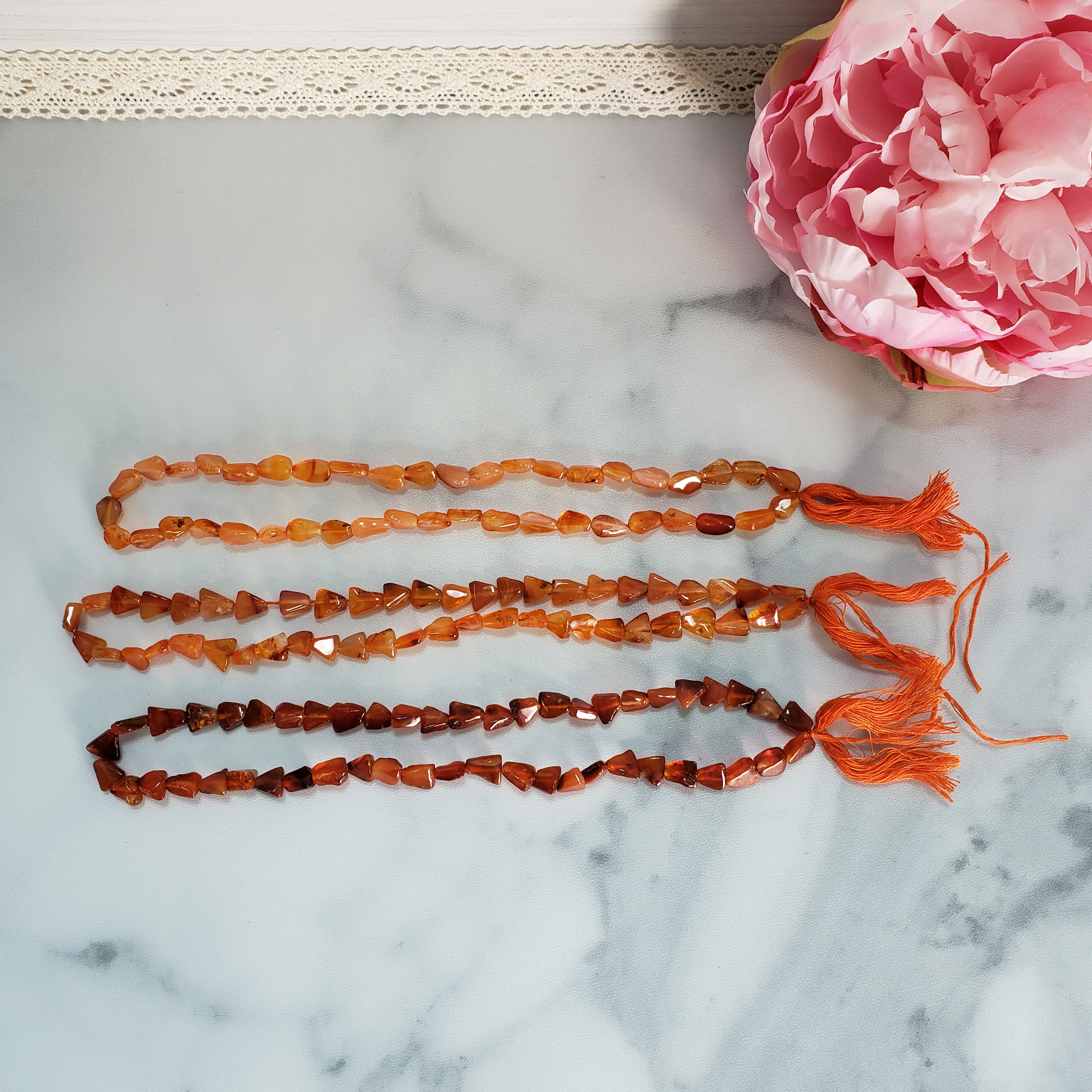 Carnelian Natural Crystal Beads Strand | One Strand of Carnelian Chip Beads - Three Strands of Carnelian Gemstone Beads to Show Color Variance