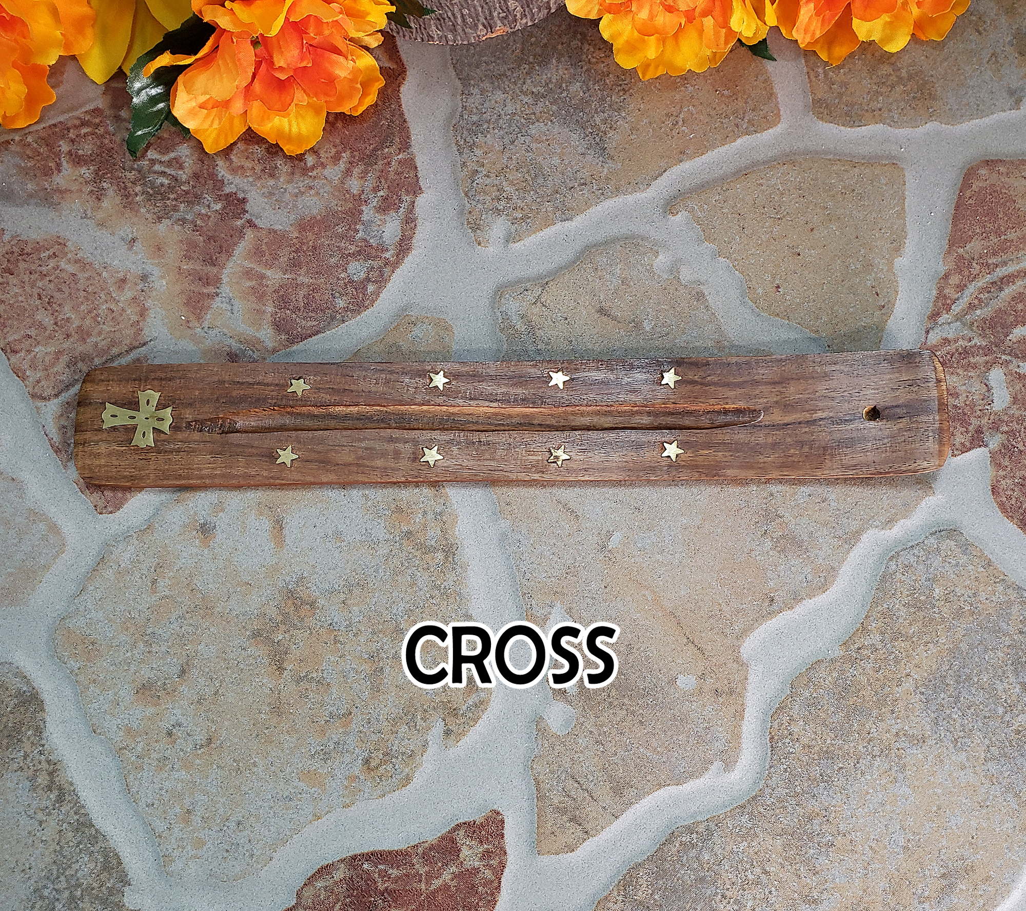 Wooden Incense Burner Tray with Brass Inlay - Choose Your Style! - CROSS