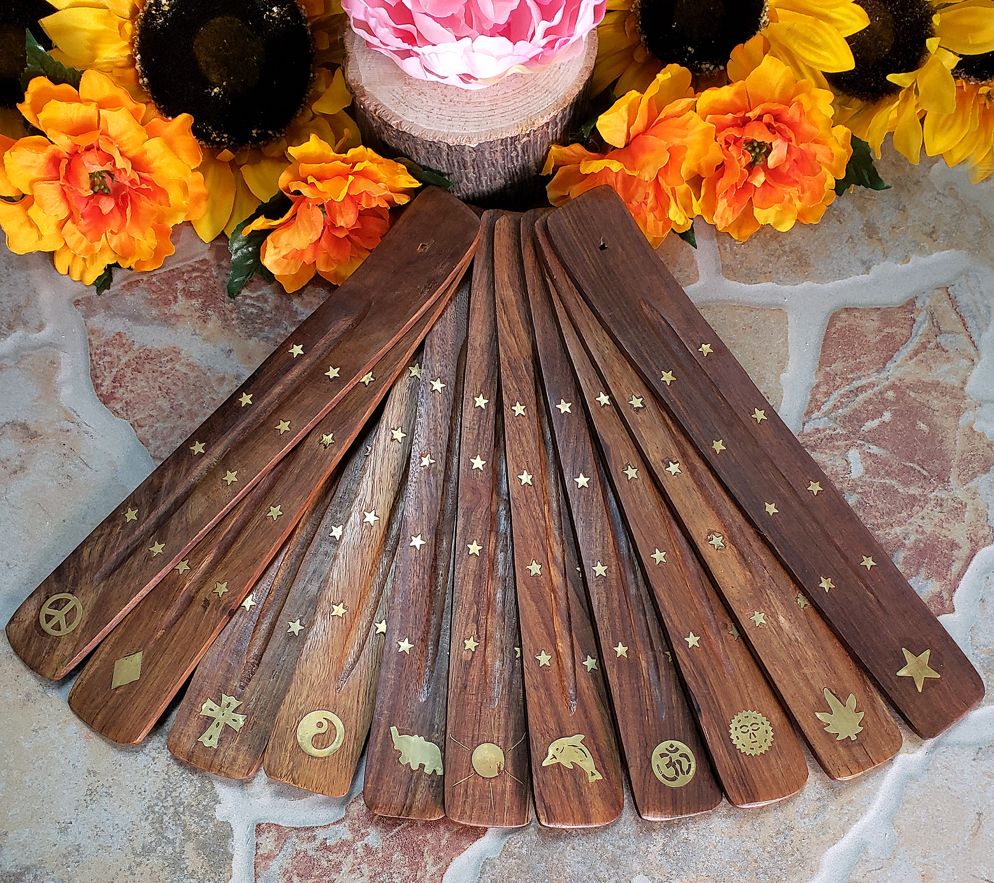 Wooden Incense Burner Tray with Brass Inlay - Choose Your Style!