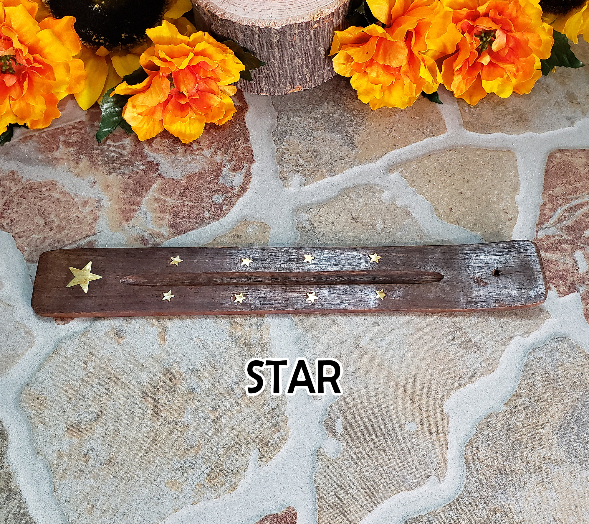 Wooden Incense Burner Tray with Brass Inlay - Choose Your Style! - STAR