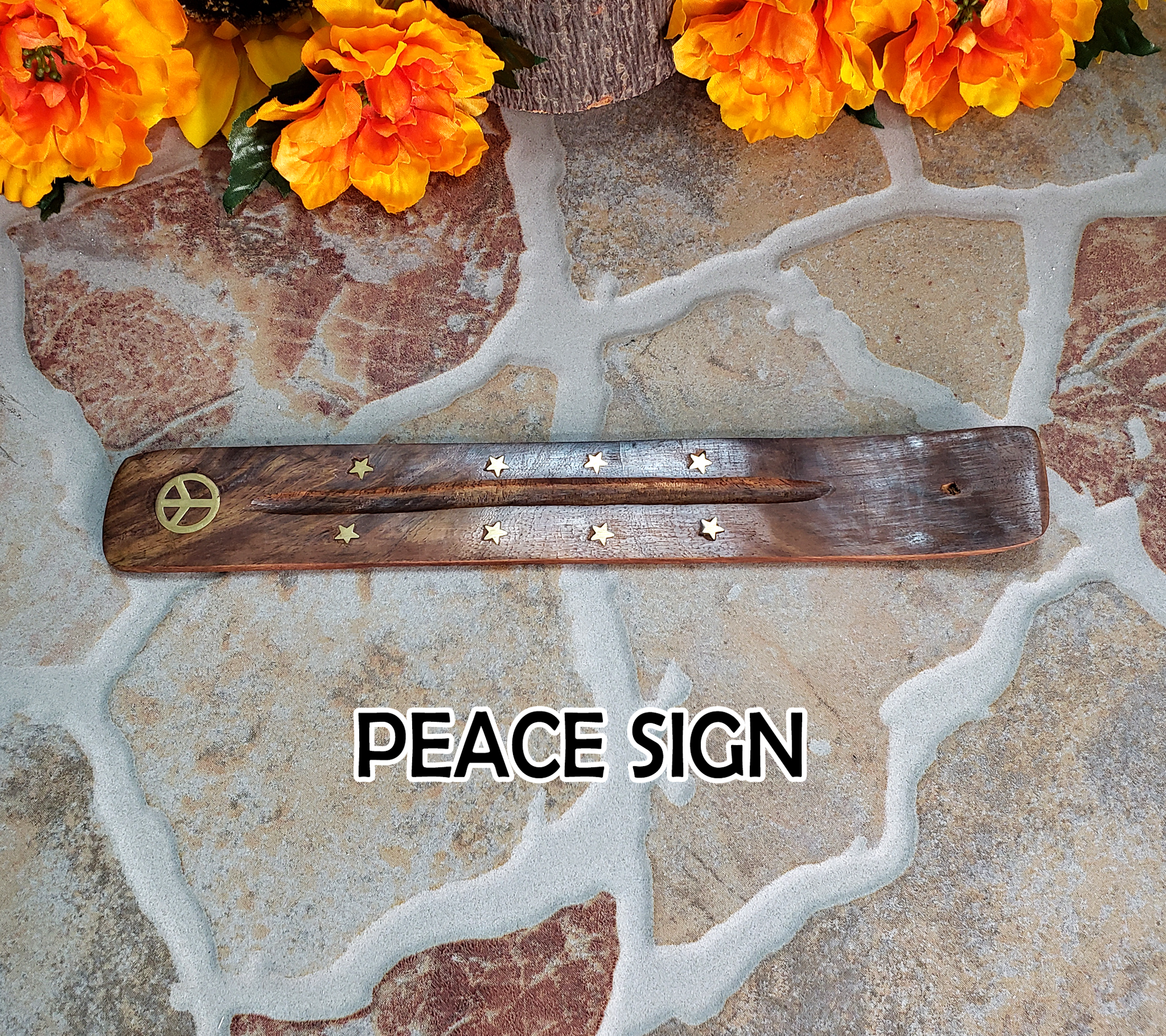 Wooden Incense Burner Tray with Brass Inlay - Choose Your Style! - PEACE SIGN