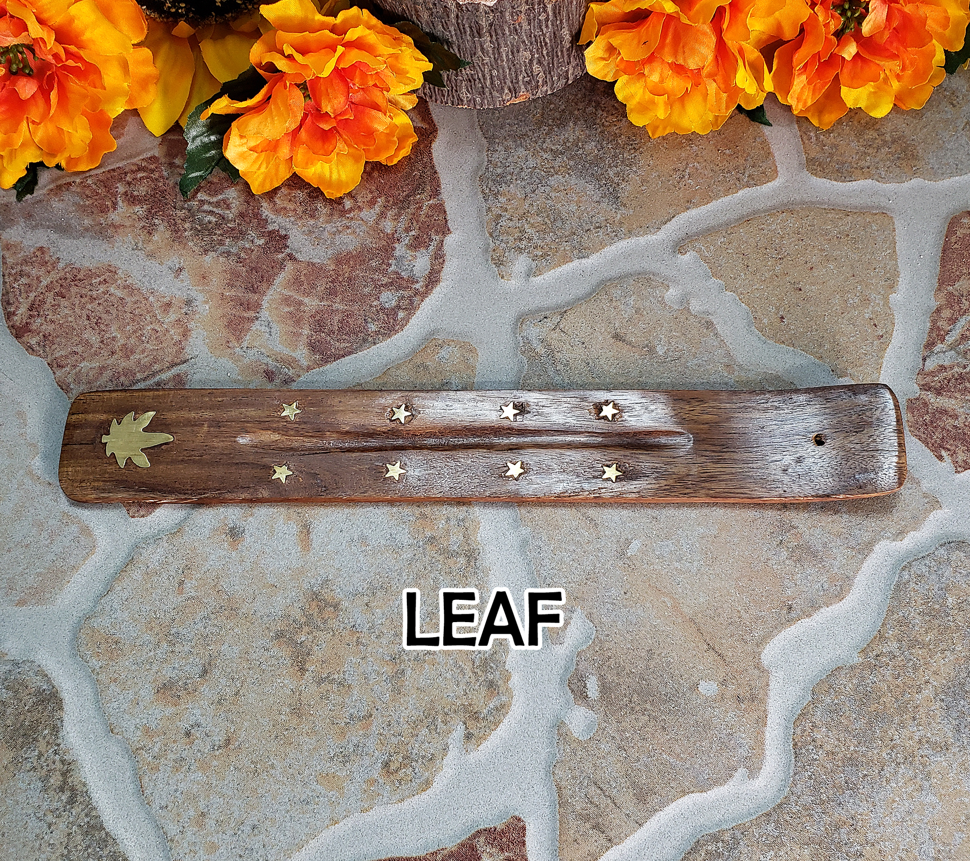 Wooden Incense Burner Tray with Brass Inlay - Choose Your Style! - LEAF