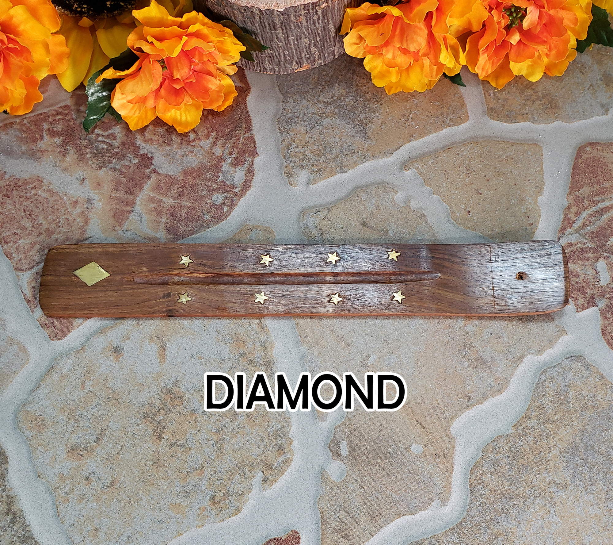 Wooden Incense Burner Tray with Brass Inlay - Choose Your Style! - DIAMOND