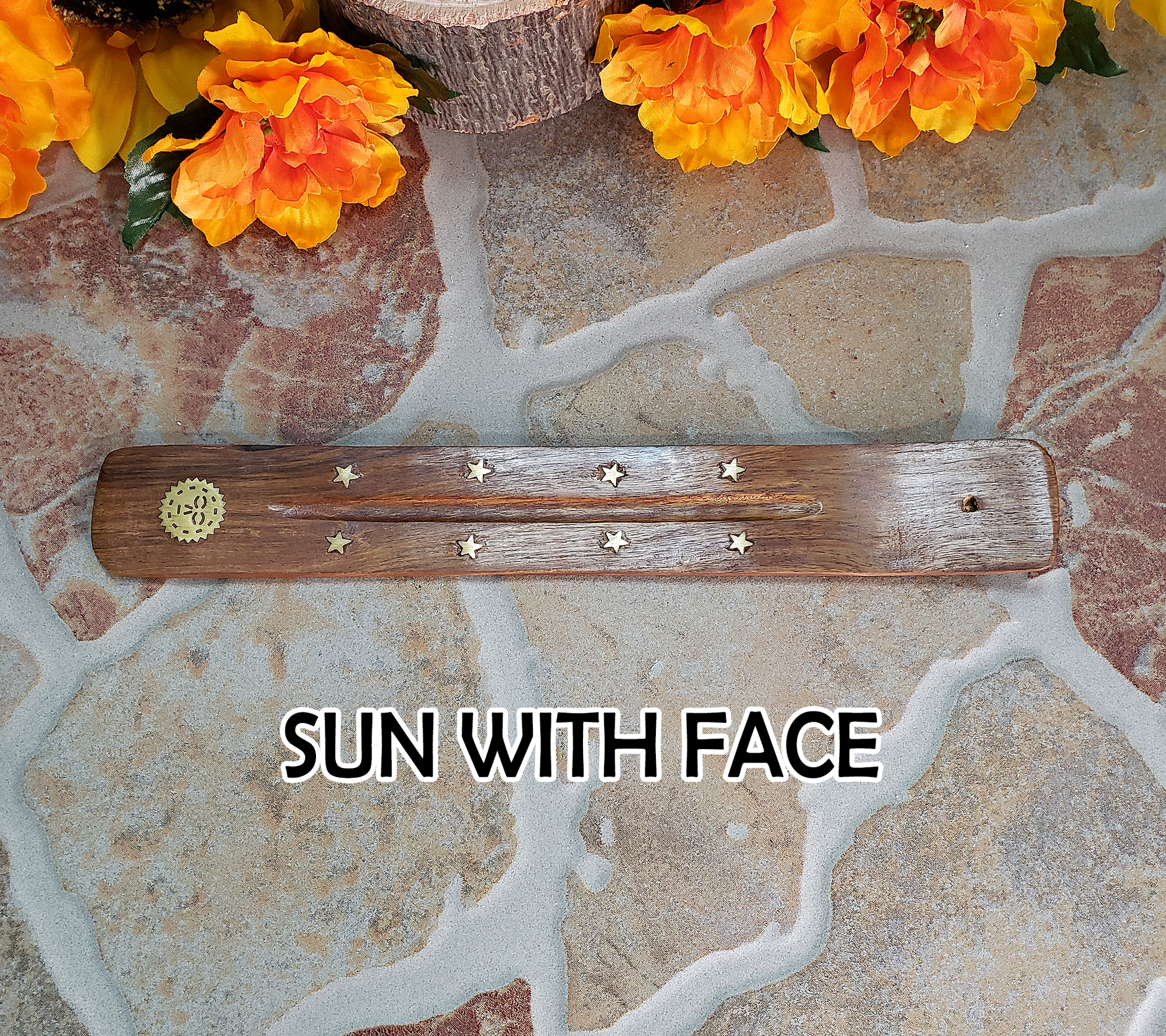 Wooden Incense Burner Tray with Brass Inlay - Choose Your Style! - SUN WITH FACE