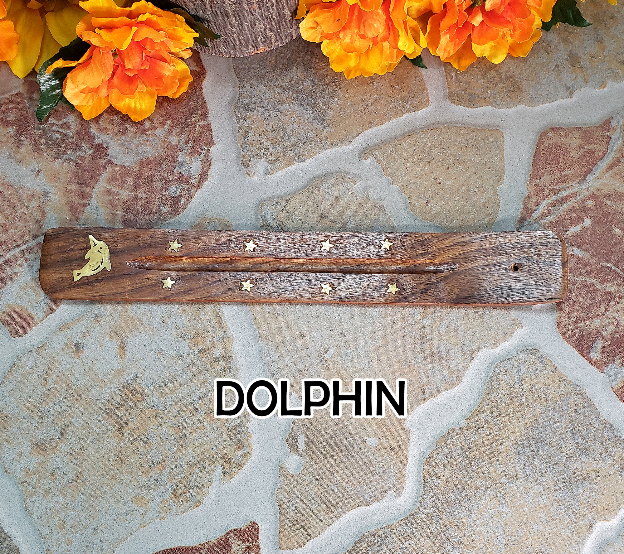 Wooden Incense Burner Tray with Brass Inlay - Choose Your Style! - DOLPHIN