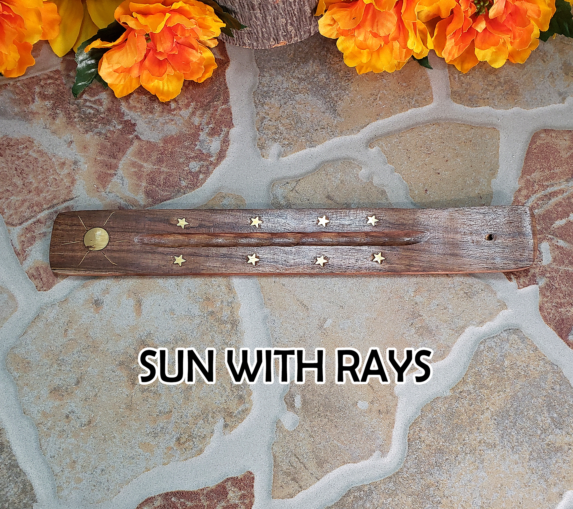 Wooden Incense Burner Tray with Brass Inlay - Choose Your Style! - SUN WITH RAYS