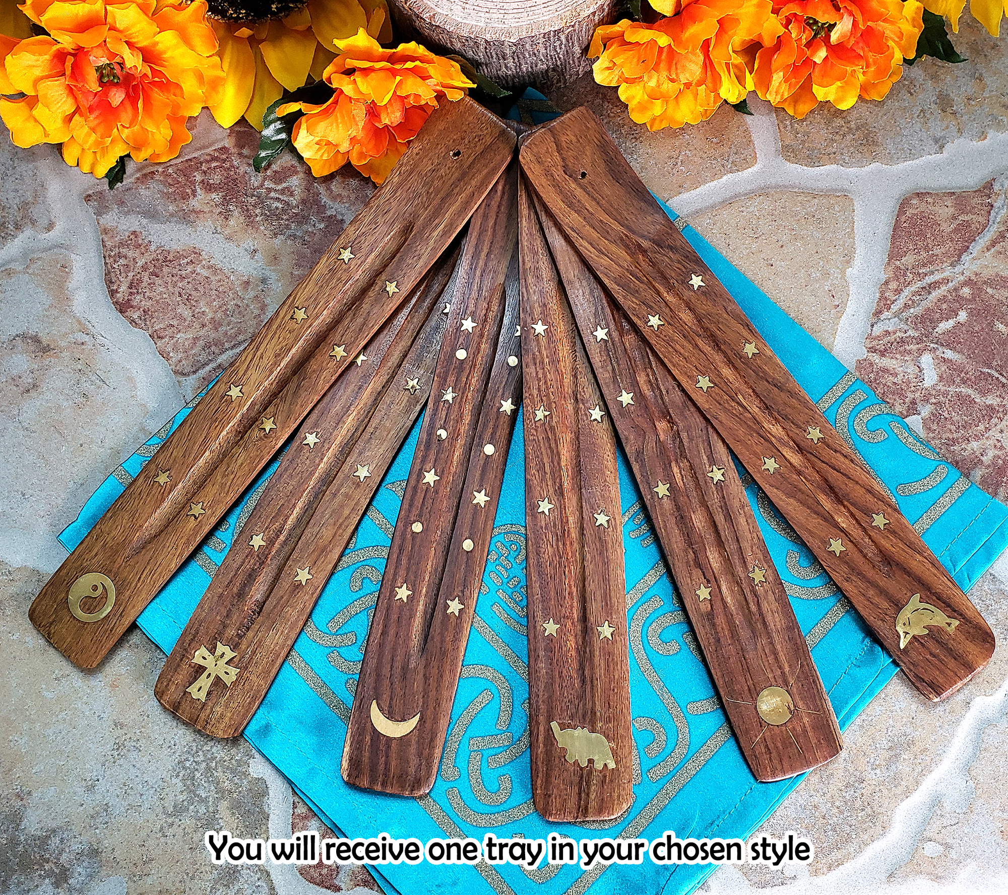 Wooden Incense Burner Tray with Brass Inlay - Choose Your Style! - 1