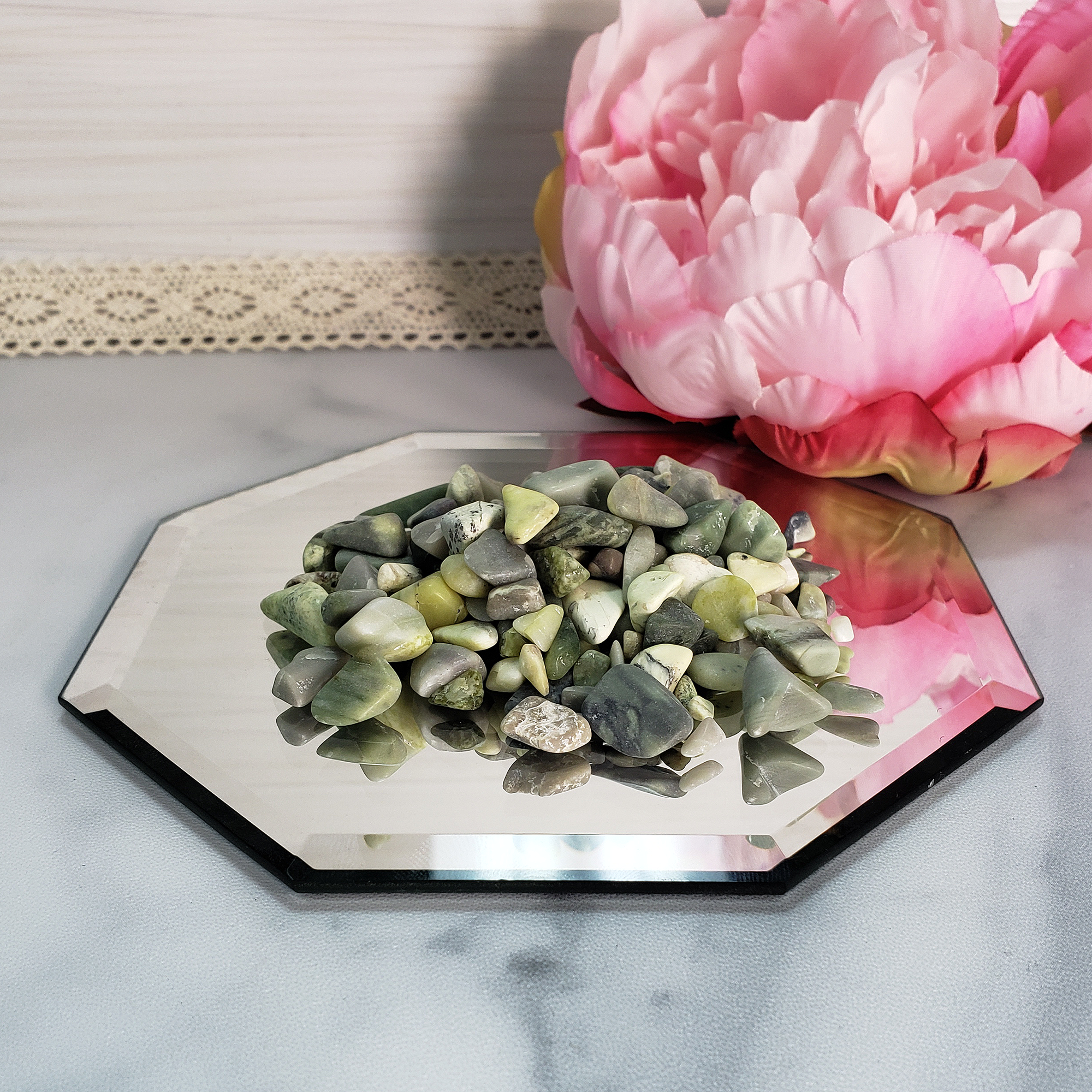 Infinite Serpentine Gemstone Chips By the Ounce - Crystal Chips on Decorative Mirror