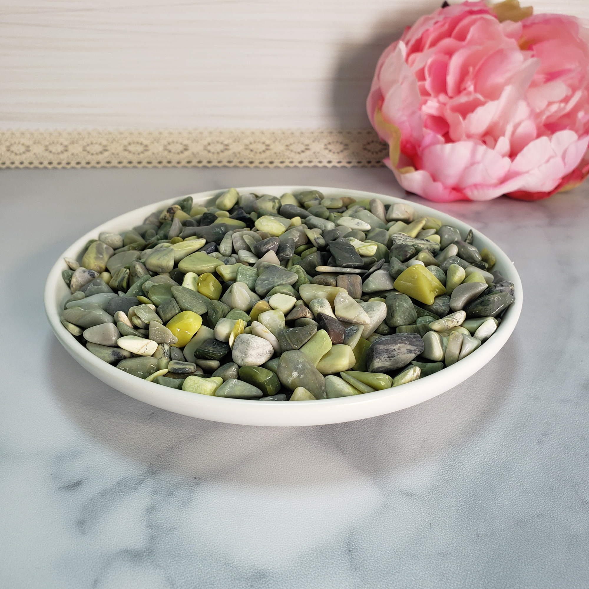 Infinite Serpentine Gemstone Chips By the Ounce - In White Ceramic Bowl