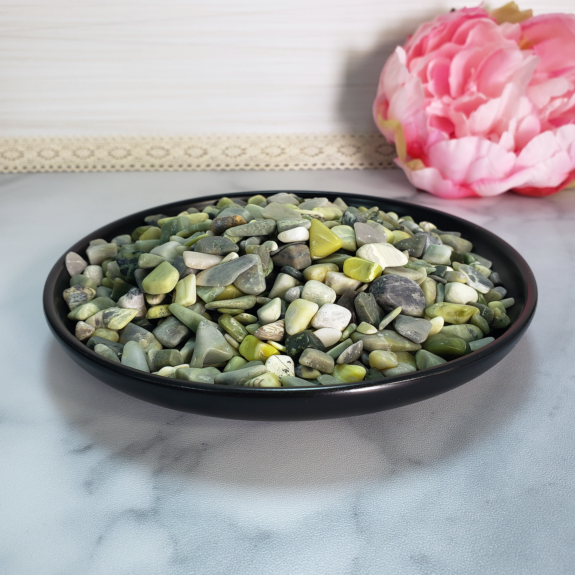 Infinite Serpentine Gemstone Chips By the Ounce - In Black Ceramic Bowl, Frontal View