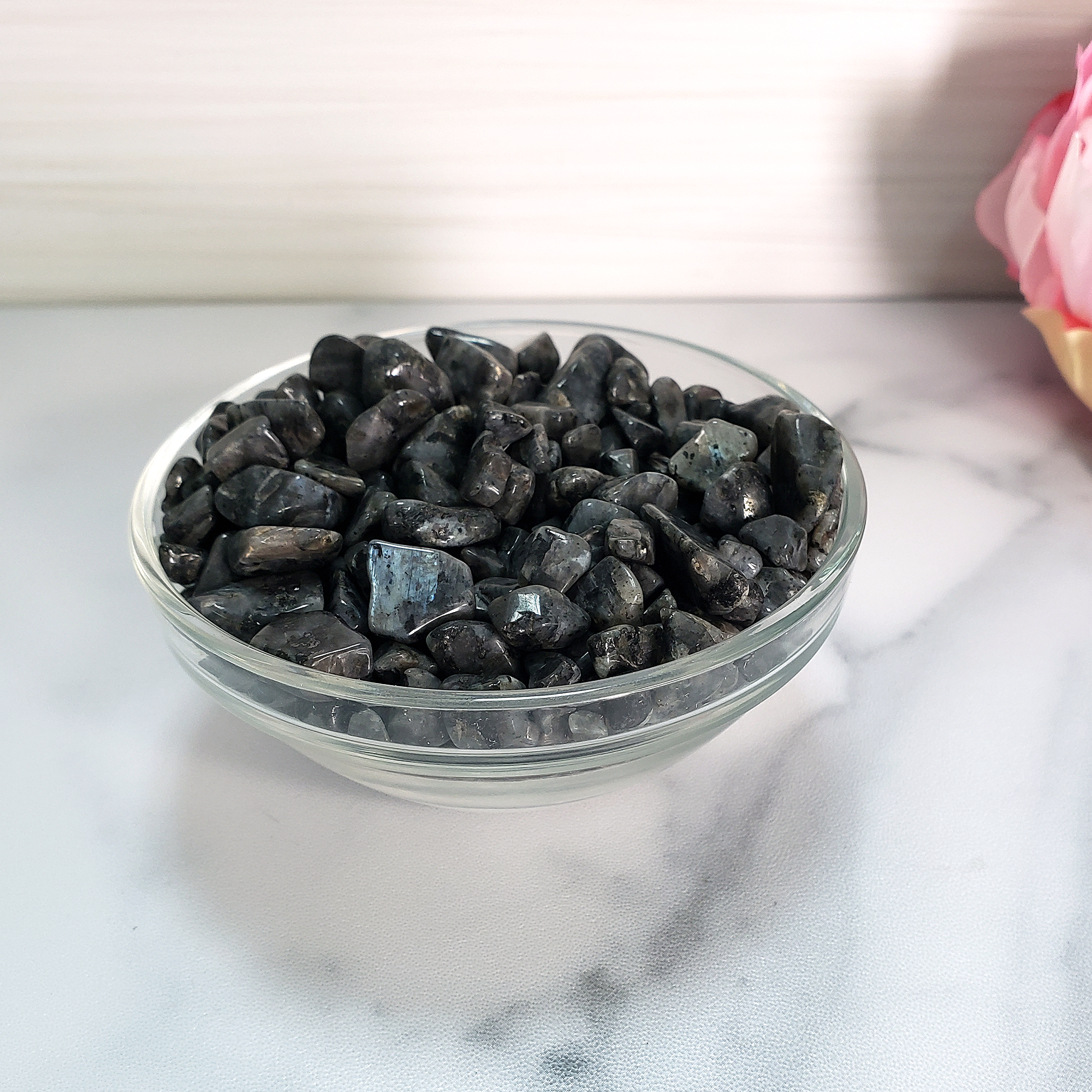 Larvikite Natural Crystal Chips By the Ounce - In Glass Bowl