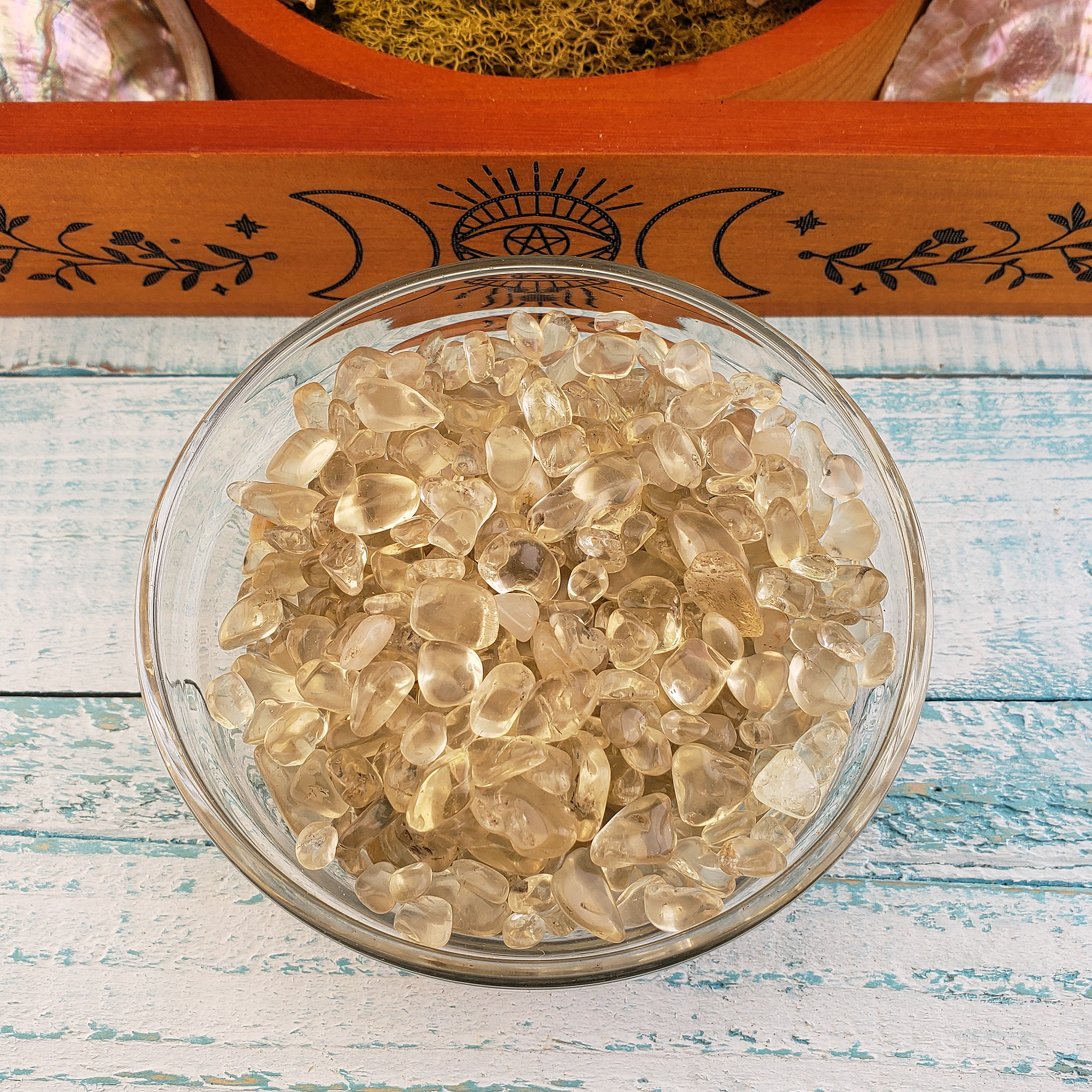 Smoky Quartz &amp; Natural Citrine Crystal Chips by the Ounce - Glass Bowl 2