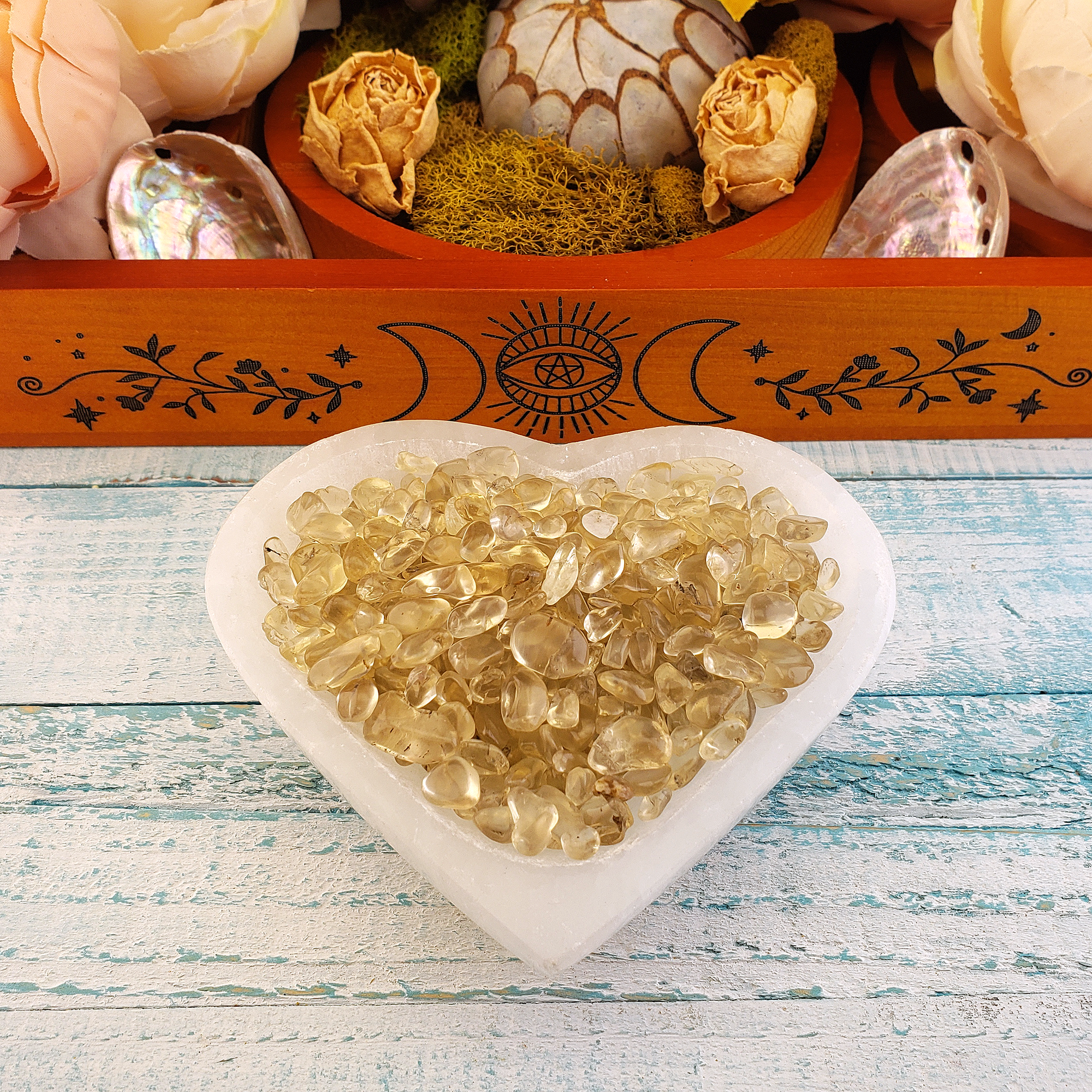 Smoky Quartz &amp; Natural Citrine Crystal Chips by the Ounce - In Selenite Bowl