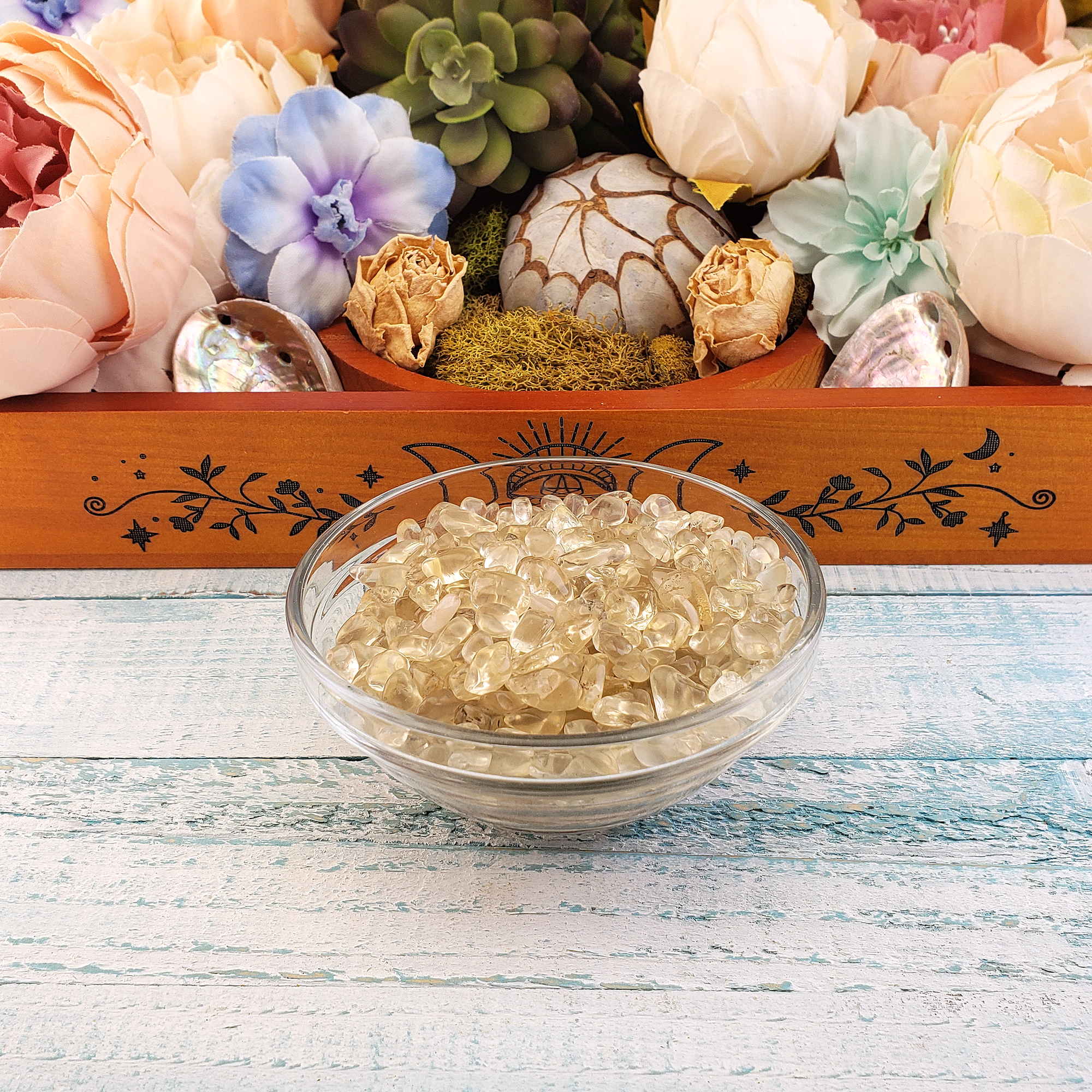 Smoky Quartz &amp; Natural Citrine Crystal Chips by the Ounce - In Glass Bowl