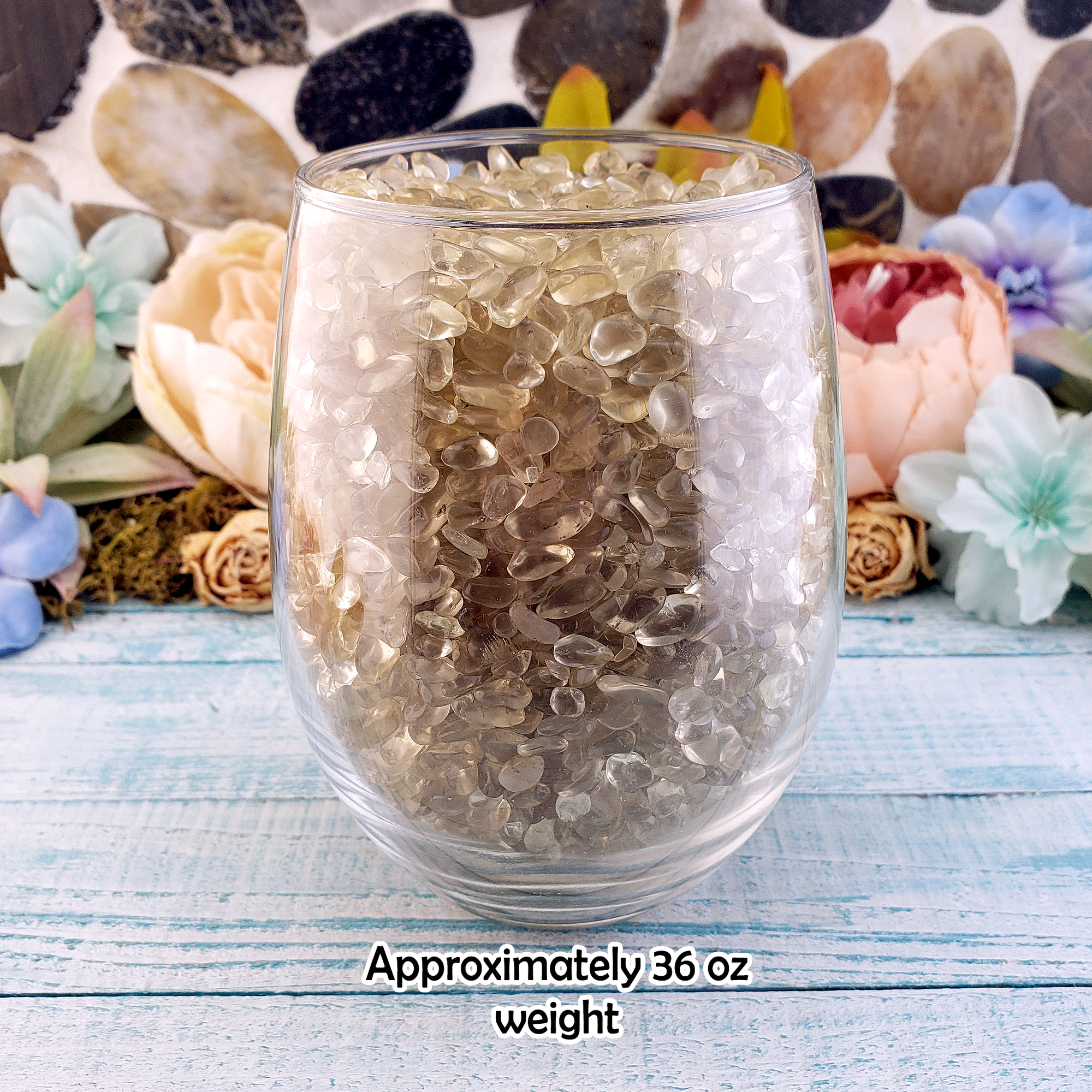 Smoky Quartz &amp; Natural Citrine Crystal Chips by the Ounce - In Glass Cup