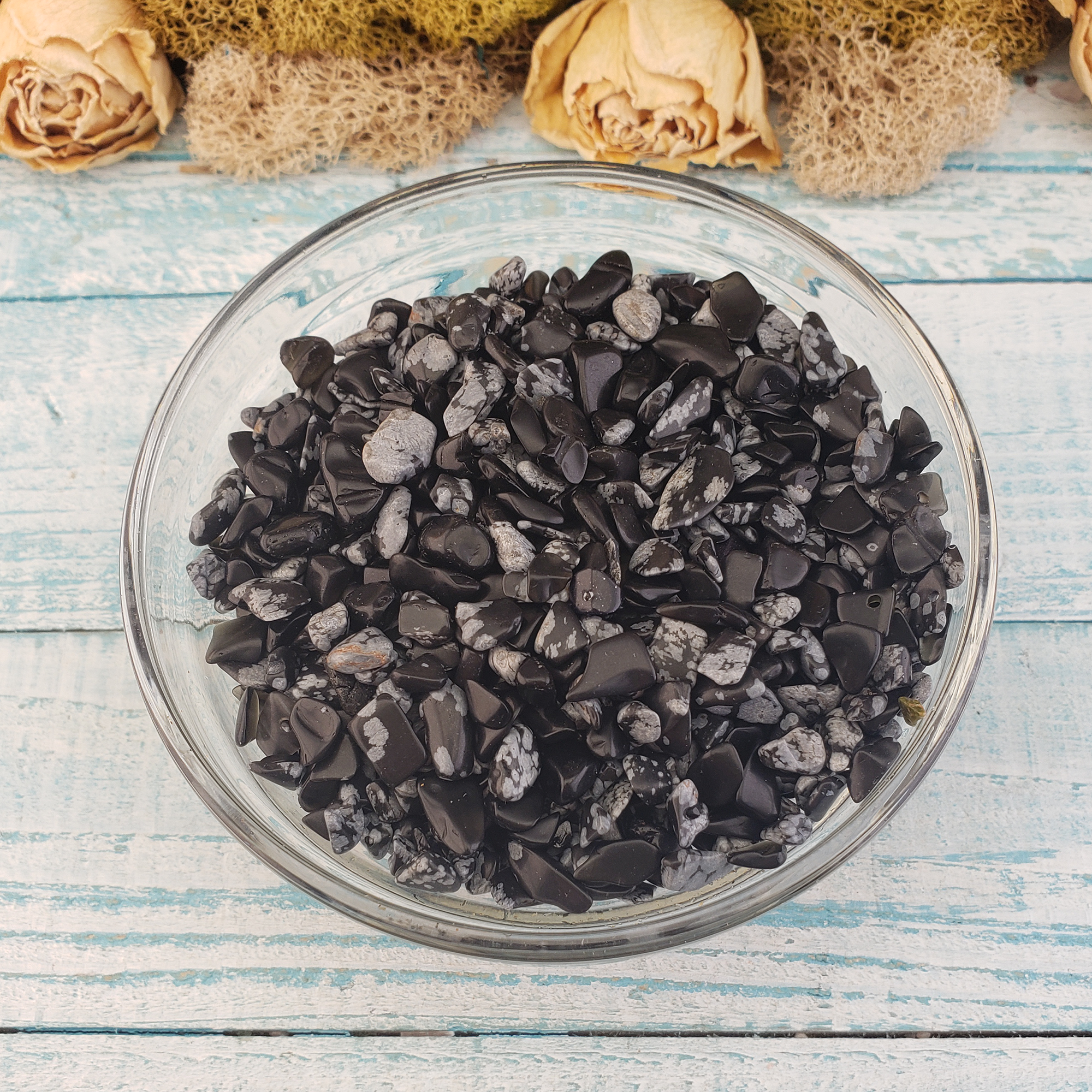 Snowflake Obsidian Natural Crystal Chips by the Ounce - In Glass Bowl