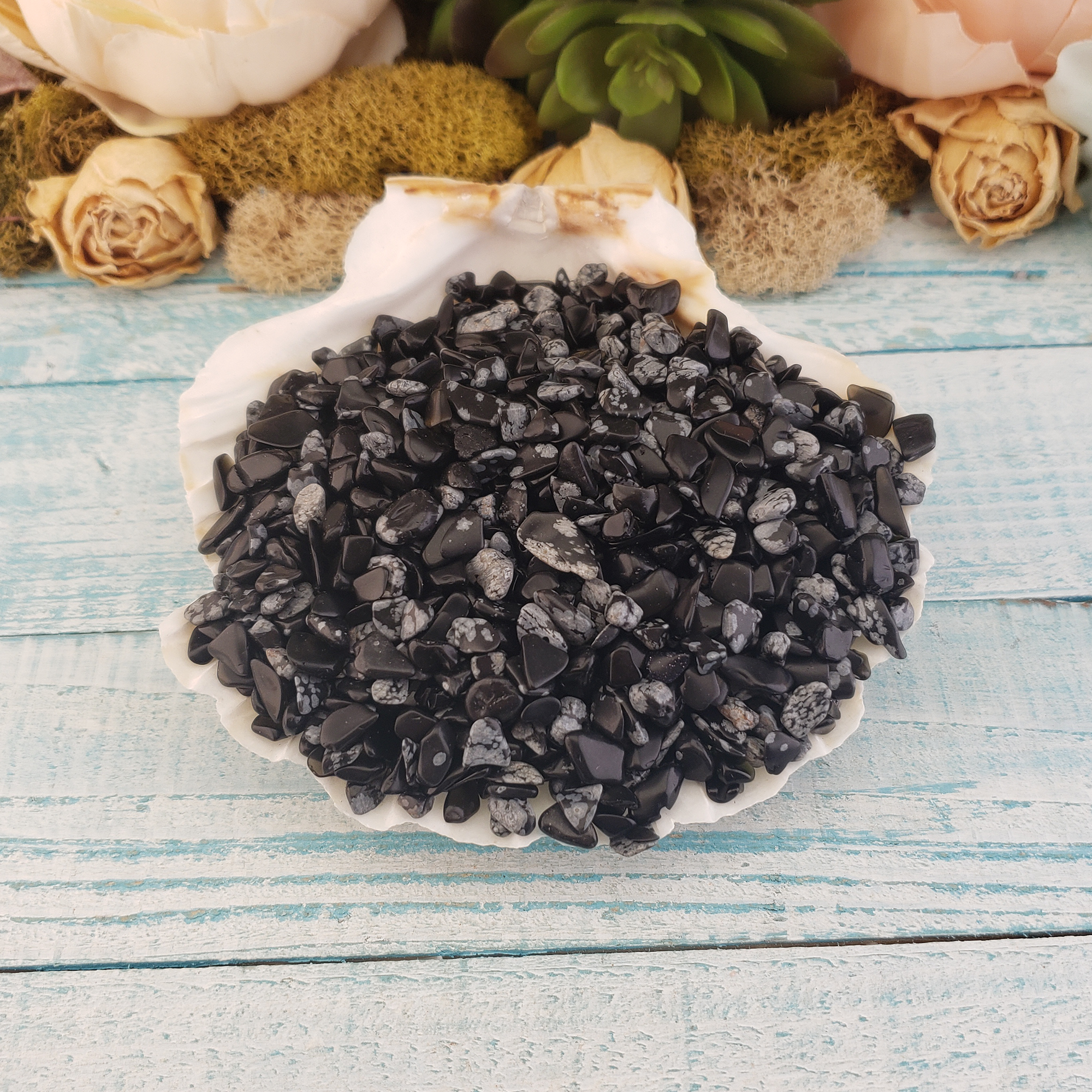 Snowflake Obsidian Natural Crystal Chips by the Ounce - In Sea Shell