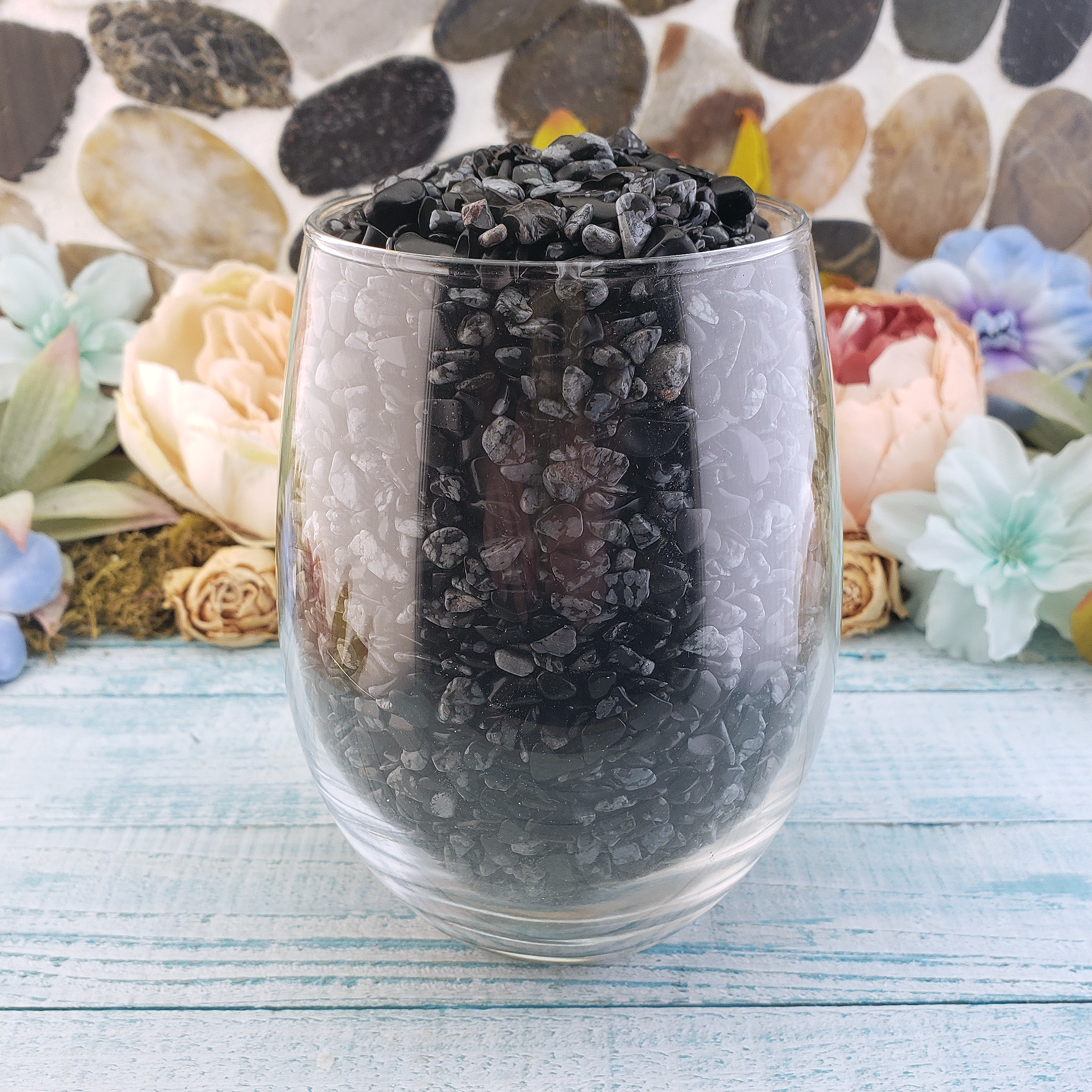 Snowflake Obsidian Natural Crystal Chips by the Ounce - In Glass Cup 2