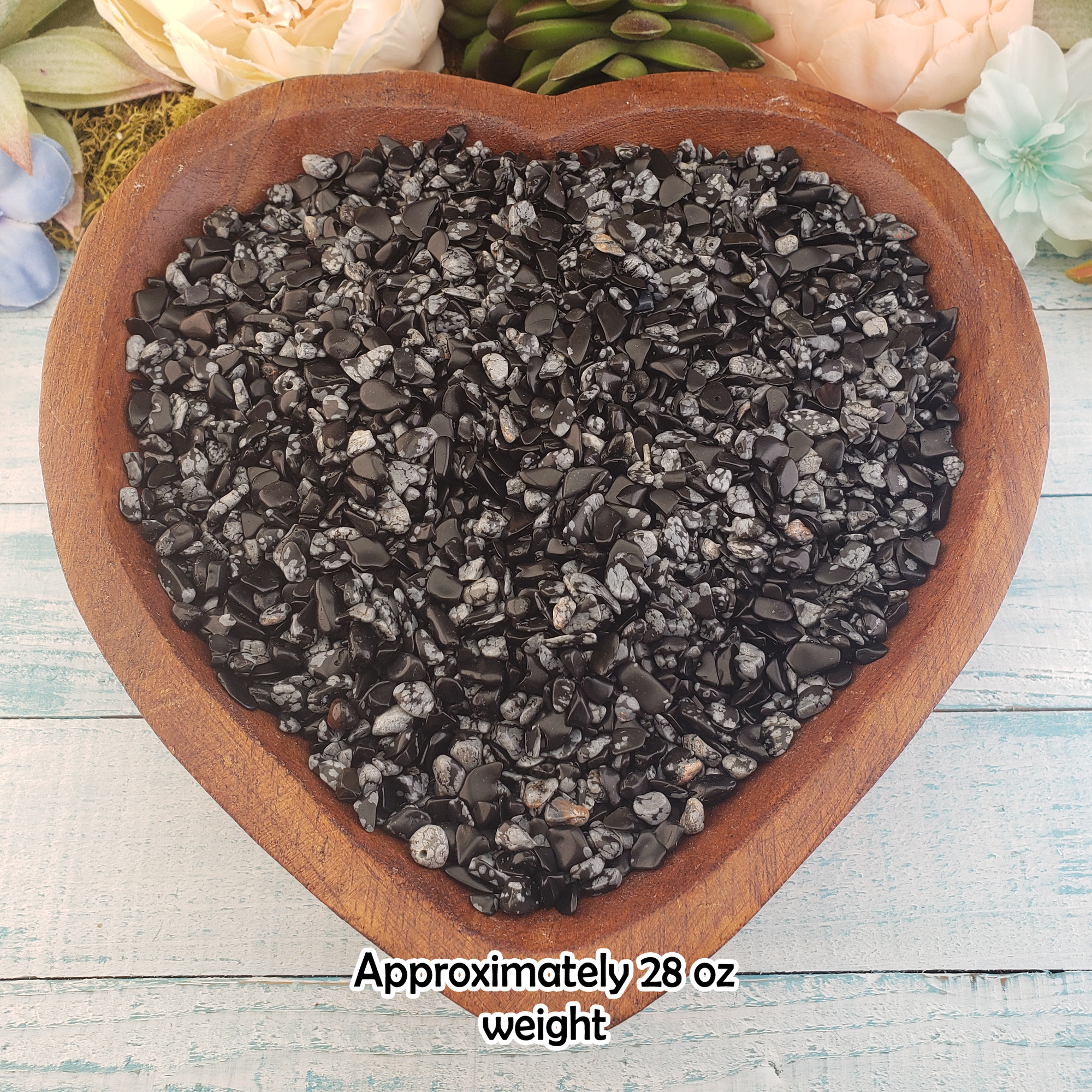 Snowflake Obsidian Natural Crystal Chips by the Ounce - In Wooden Bowl