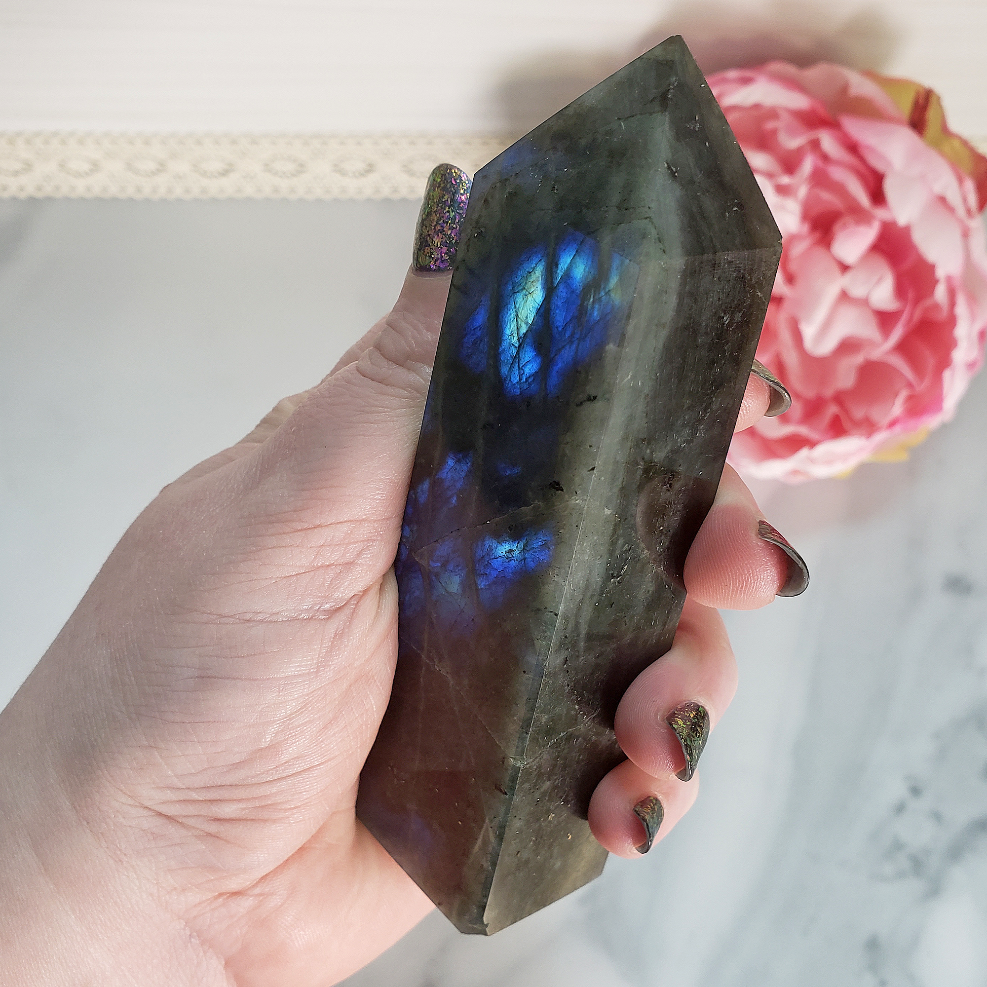 Unique Flashy Natural Labradorite Crystal Tower - Circe - In Hand