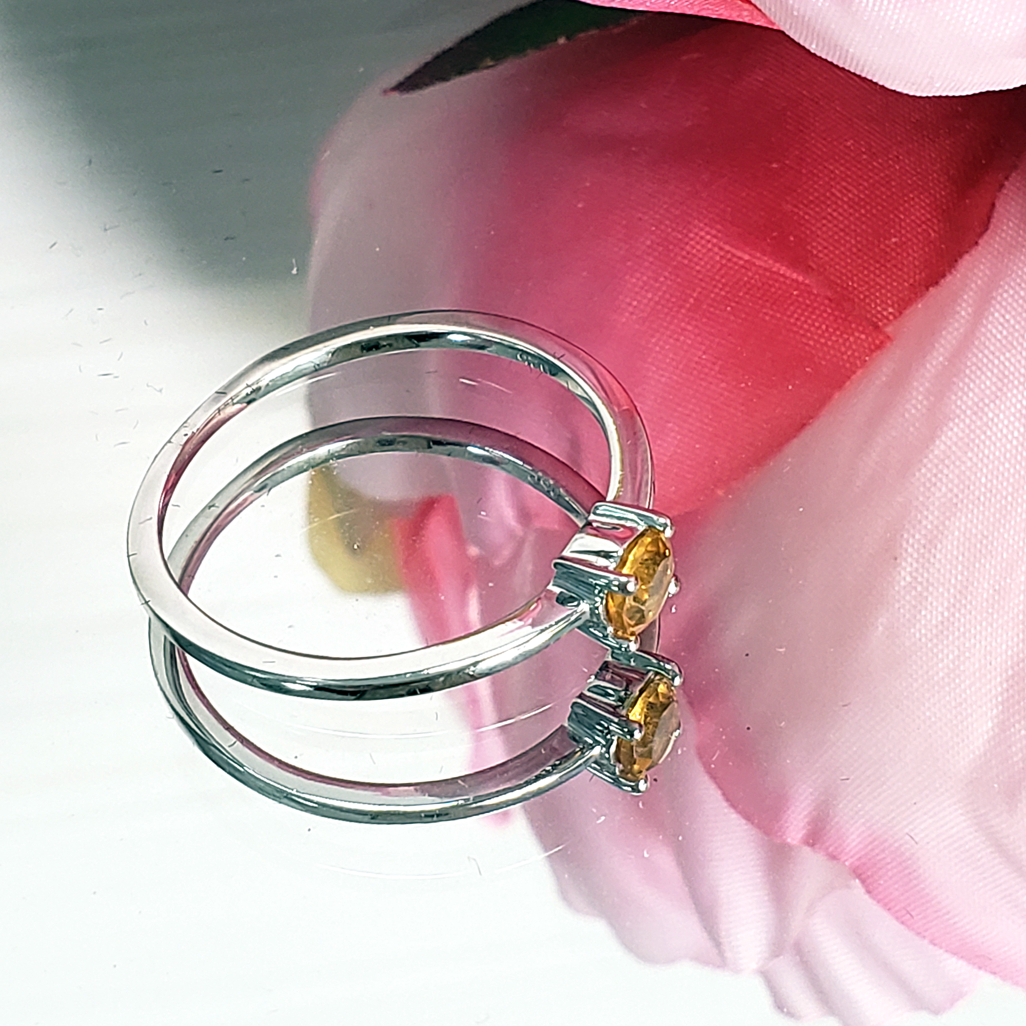 Citrine Crystal Faceted Gemstone Sterling Silver Ring - Indrani - Close Up on Mirror