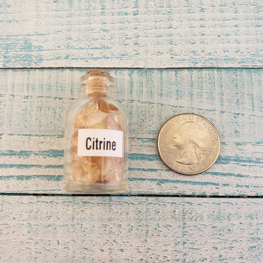 Citrine Natural Crystal Chips Bottle - One Bottle - Size Comparison