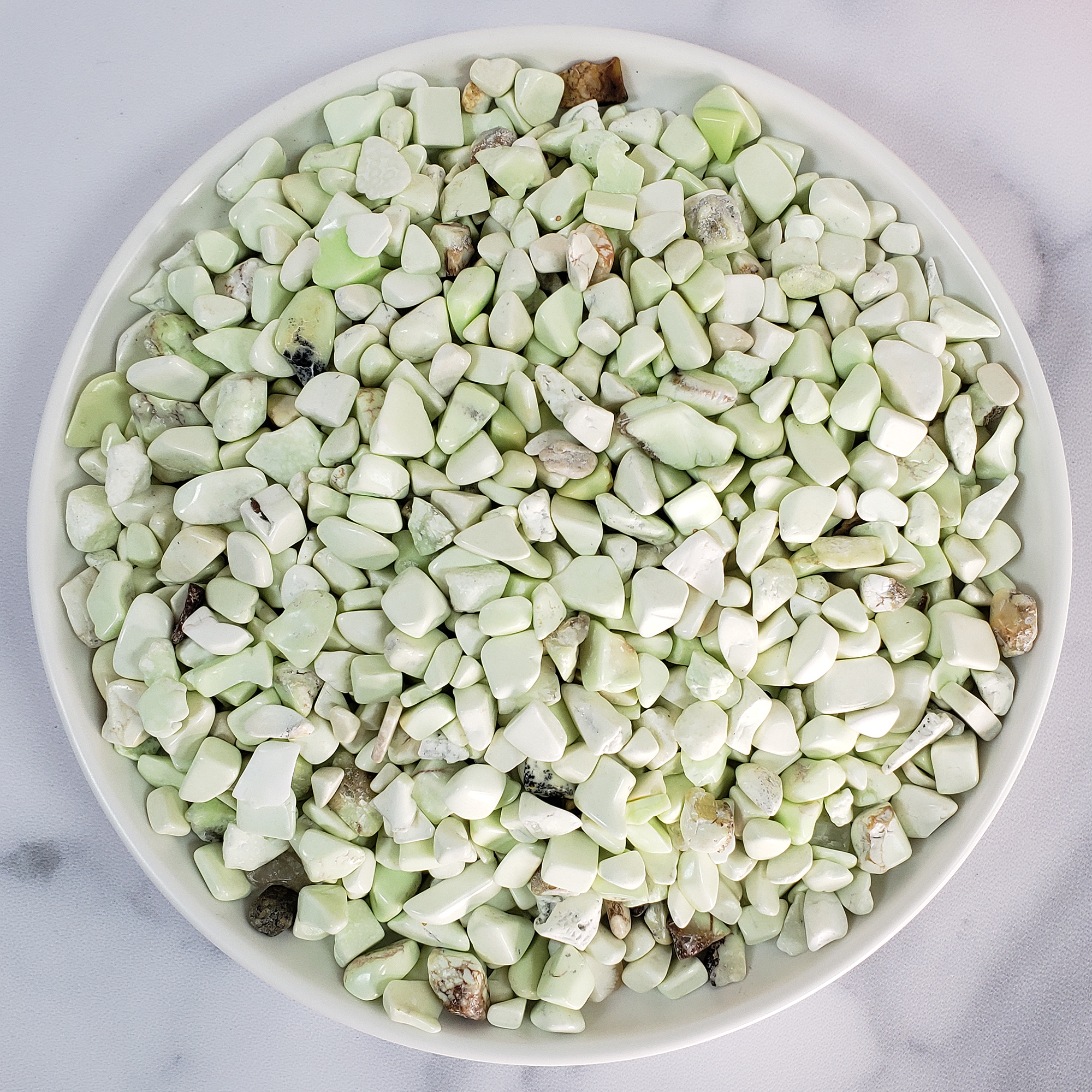 Citron Chrysoprase Lemon Magnesite Natural Crystal Chips By the Ounce - White Ceramic Bowl Full of Crystal Chips