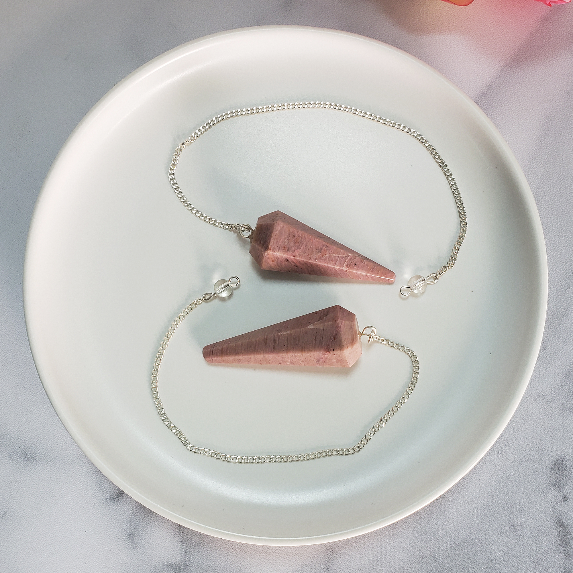 Pink Opal Crystal Natural Gemstone Pendulum | Spiritual Tool - In Ceramic Dish