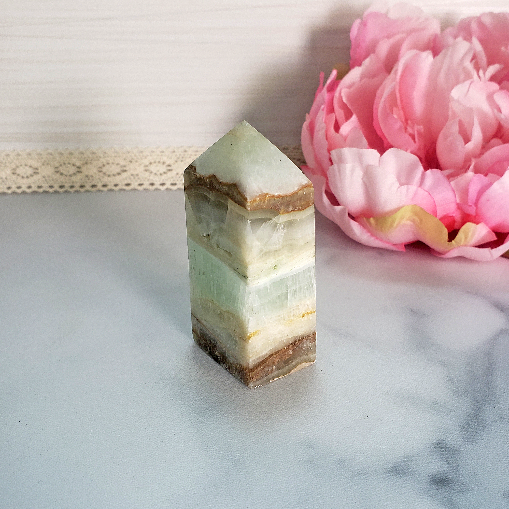 Unique Banded Pistachio Green Calcite Natural Crystal Tower - Cove