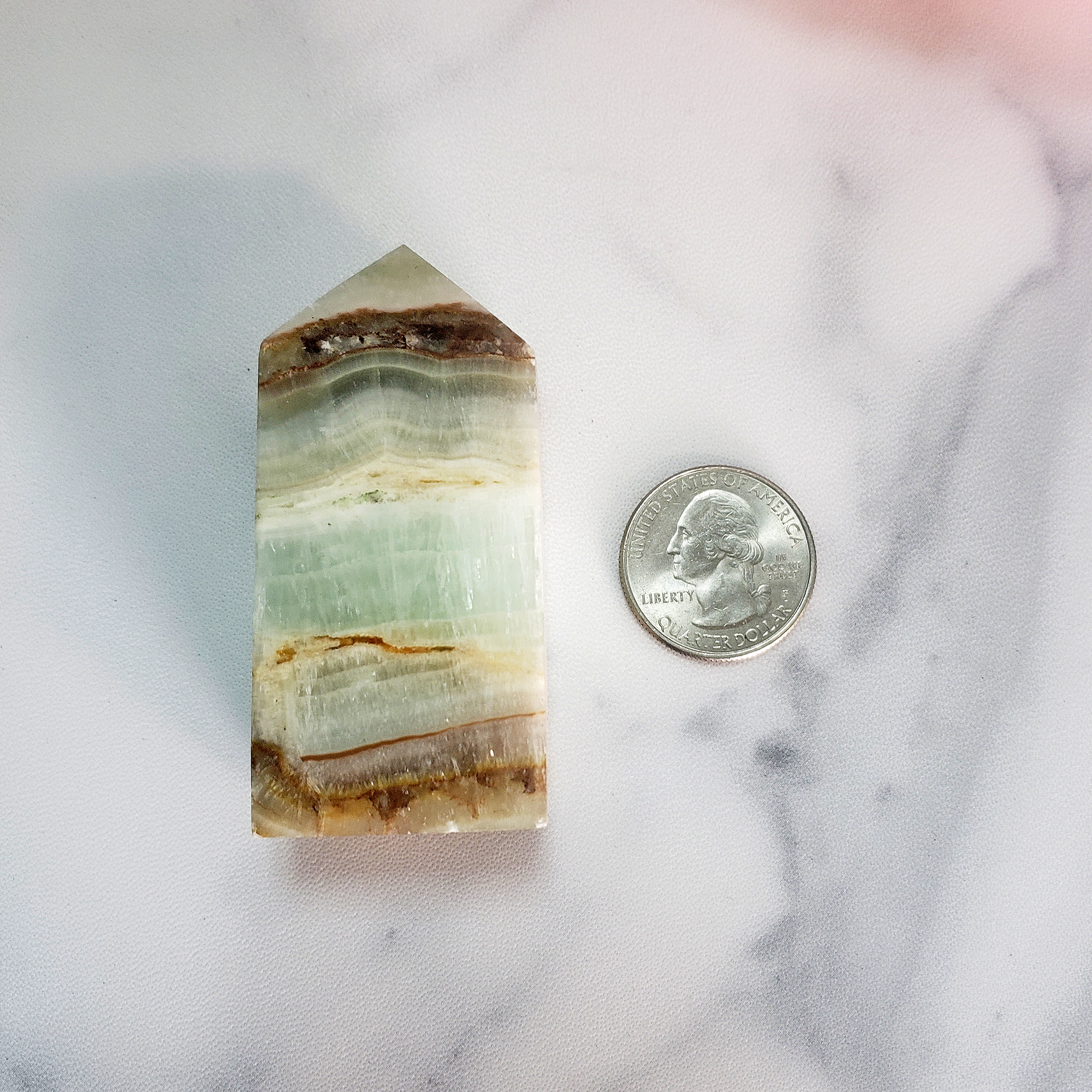 Unique Banded Pistachio Green Calcite Natural Crystal Tower - Cove - Size Comparison