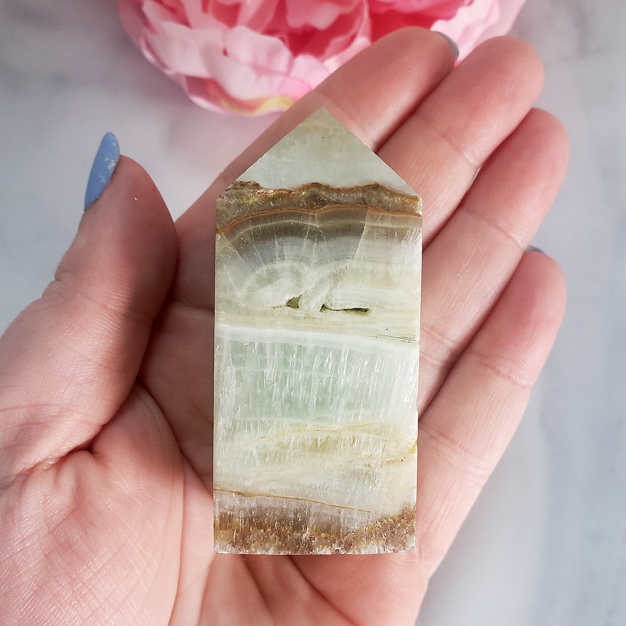 Unique Banded Pistachio Green Calcite Natural Crystal Tower - Cove - In Hand