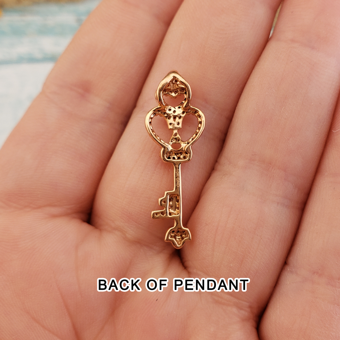 Crowned Key 10k Rose Gold White Diamond Pendant - Back of Pendant