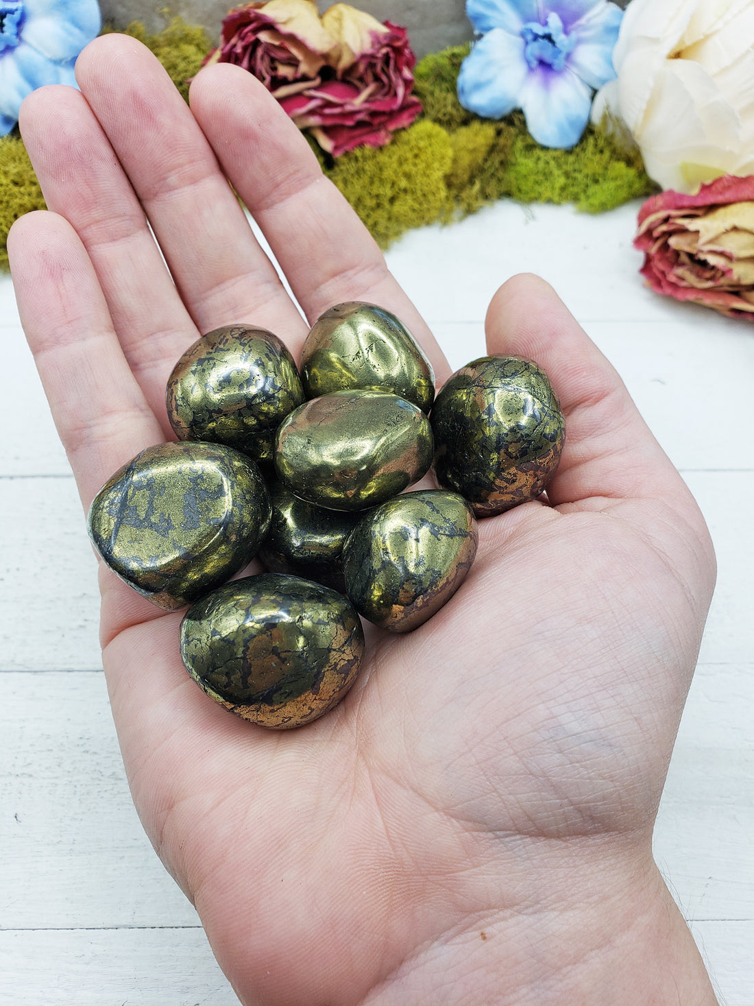chalcopyrite stones in hand