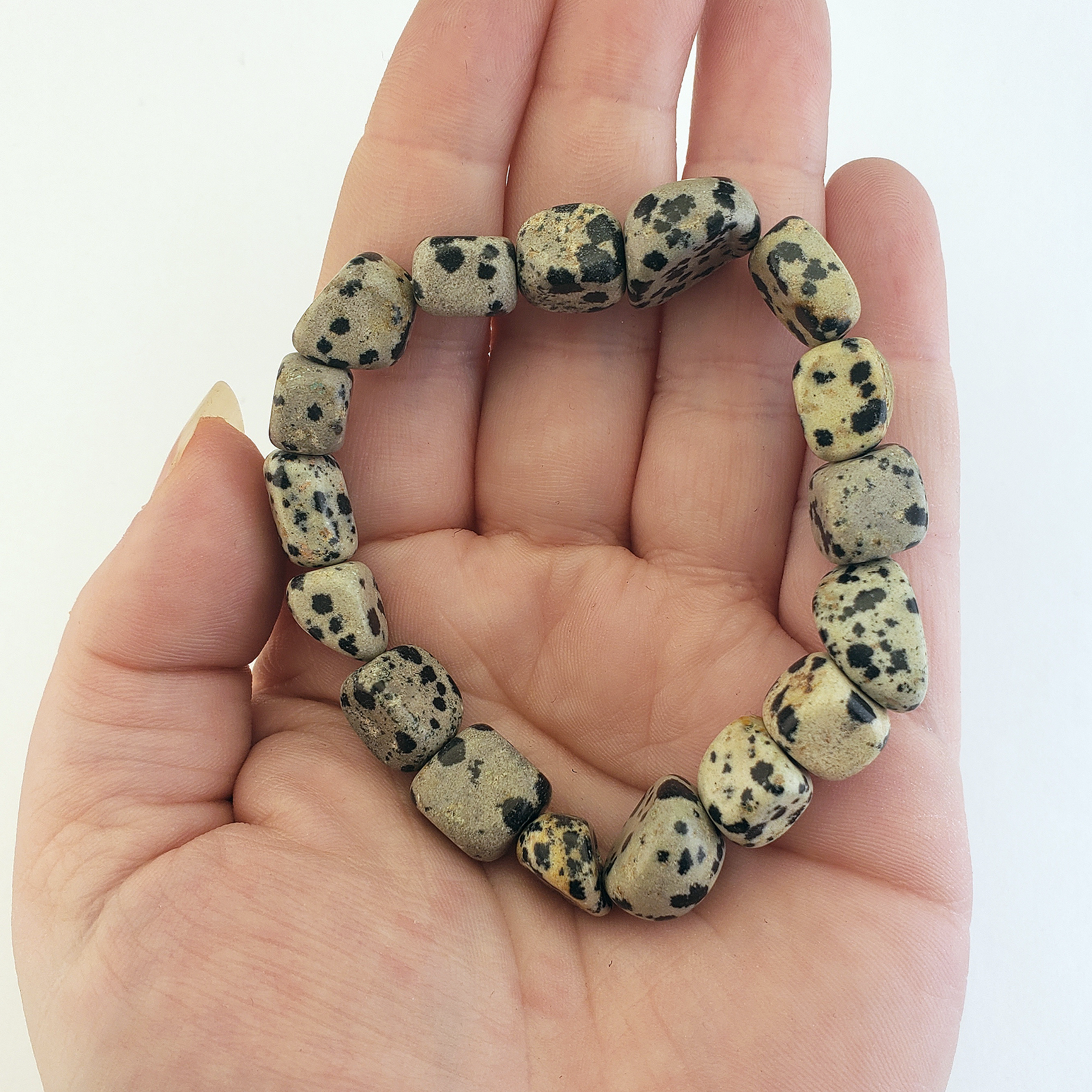 Dalmatian Jasper Gemstone Nugget Stretch Bracelet - In Hand