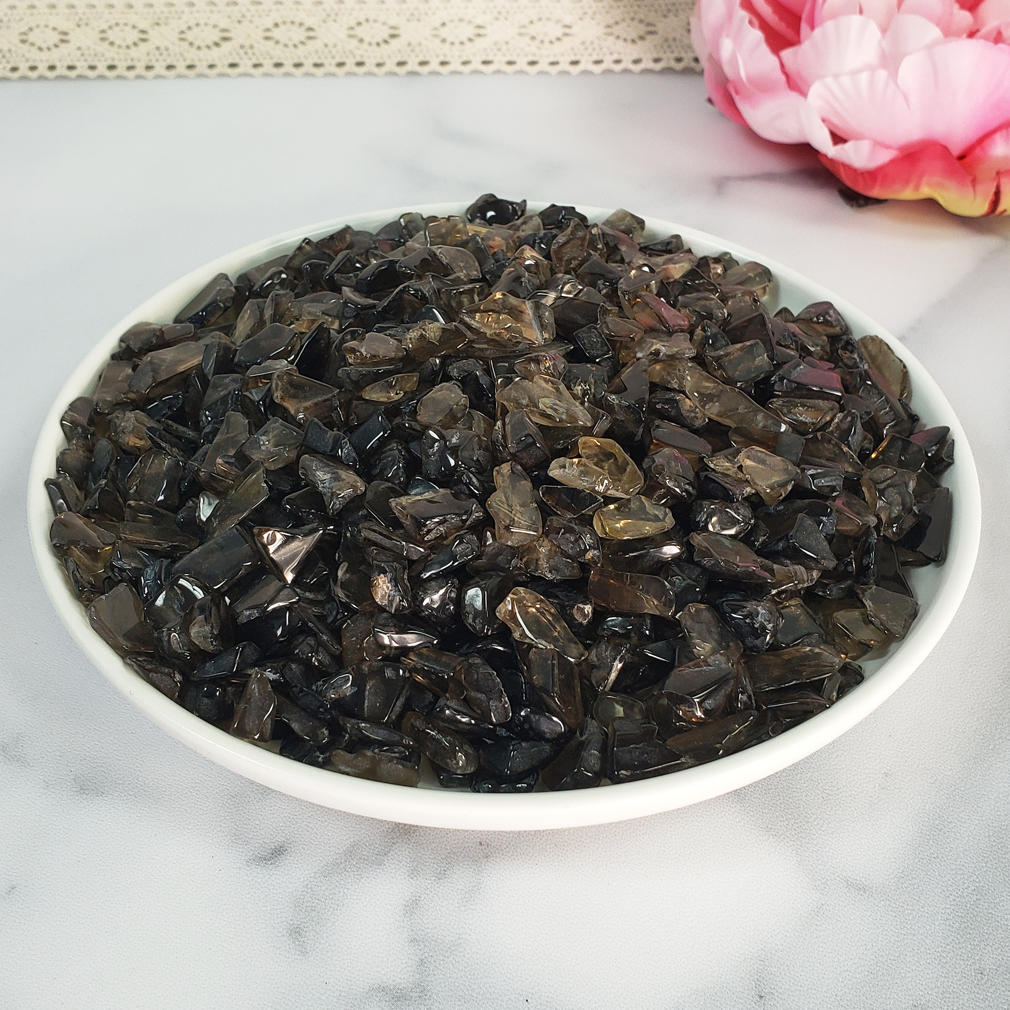 Dark Smoky Quartz Crystal Natural Gemstone Chips By the Ounce - in White Ceramic Dish