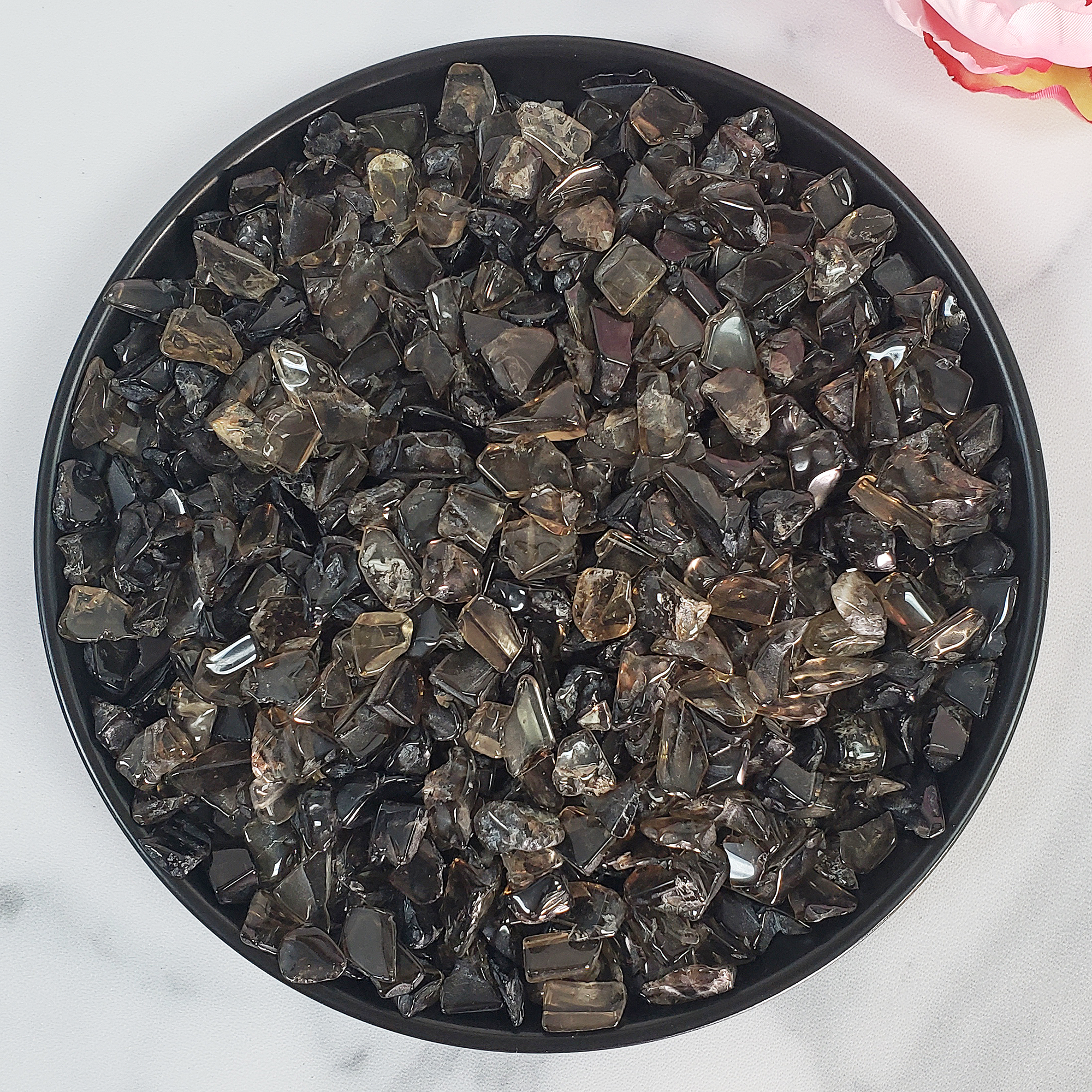 Dark Smoky Quartz Crystal Natural Gemstone Chips By the Ounce - In Black Ceramic Bowl