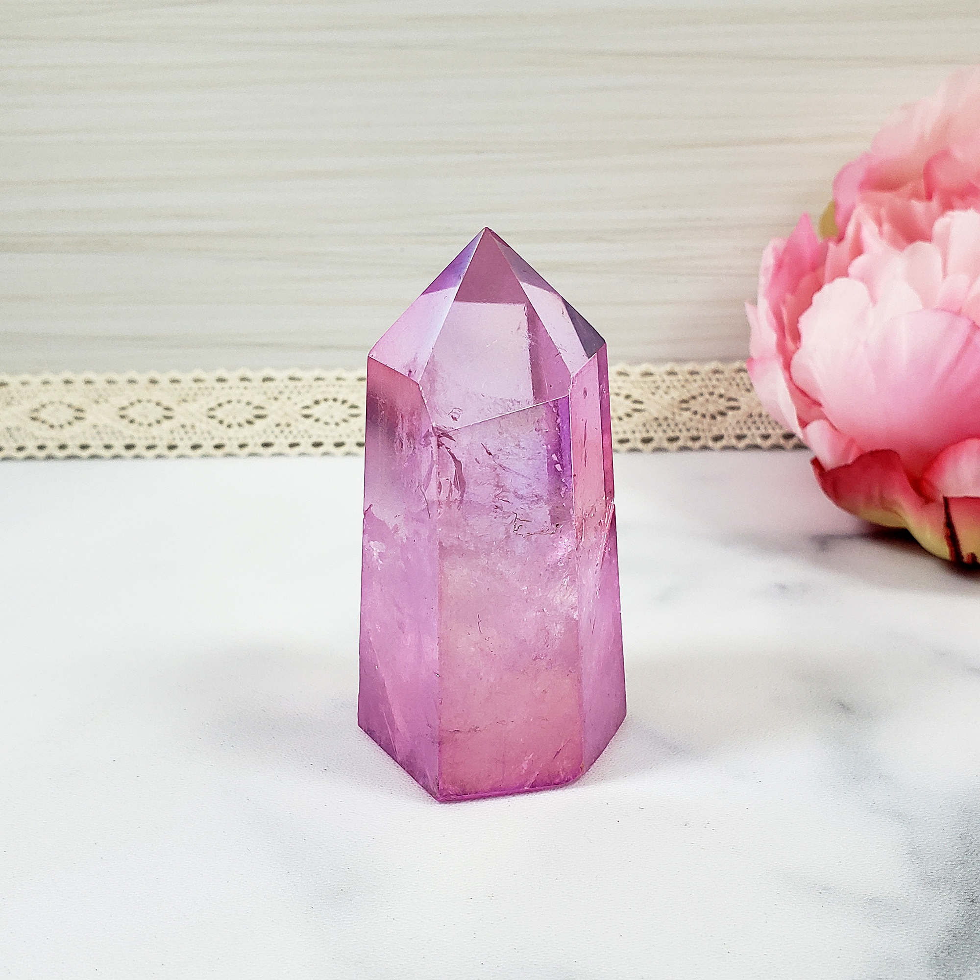 Unique Pink Aura Quartz Crystal Tower Rainbow Crystal Point - Disco