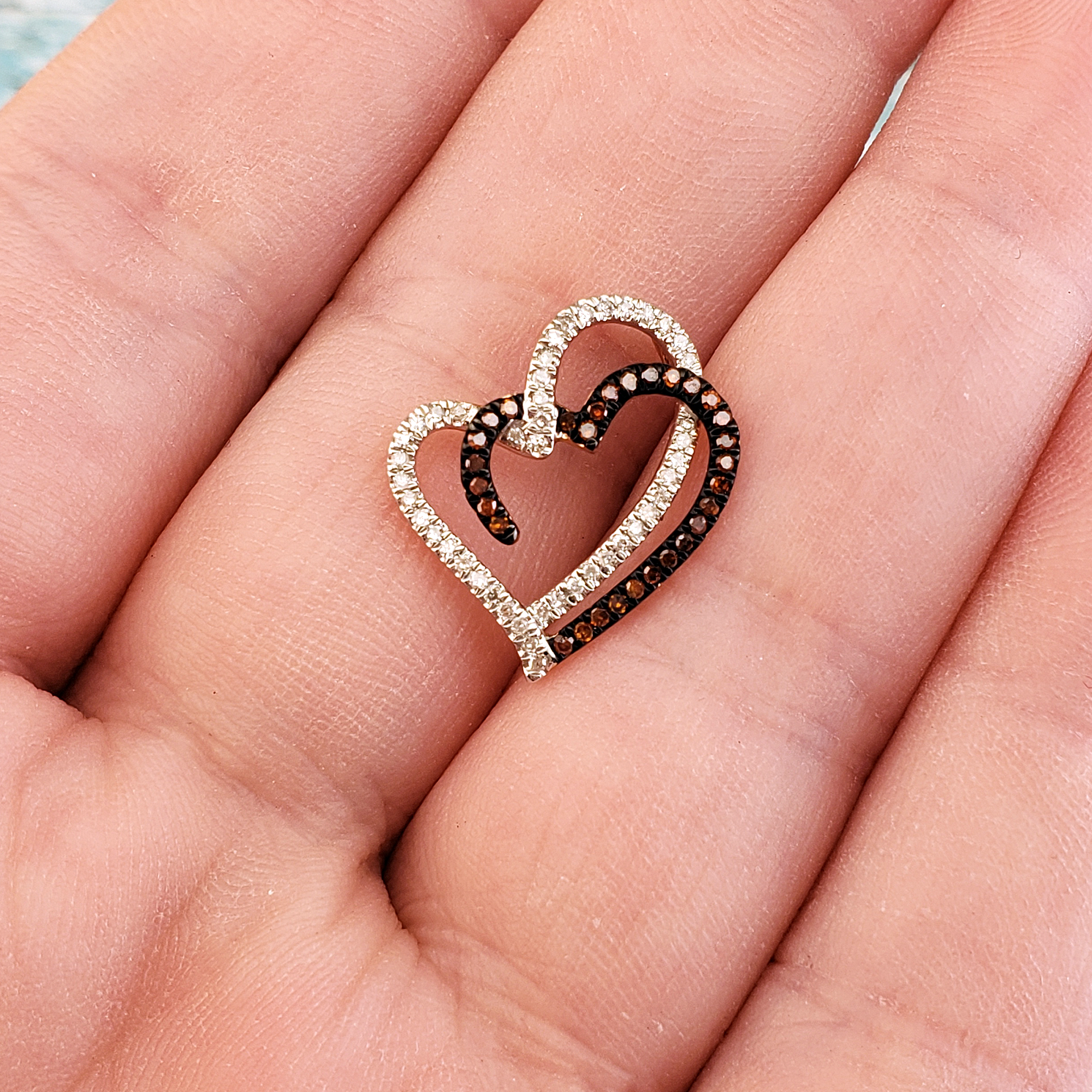 Entwined Hearts 10k Rose Gold Red &amp; White Diamond Pendant