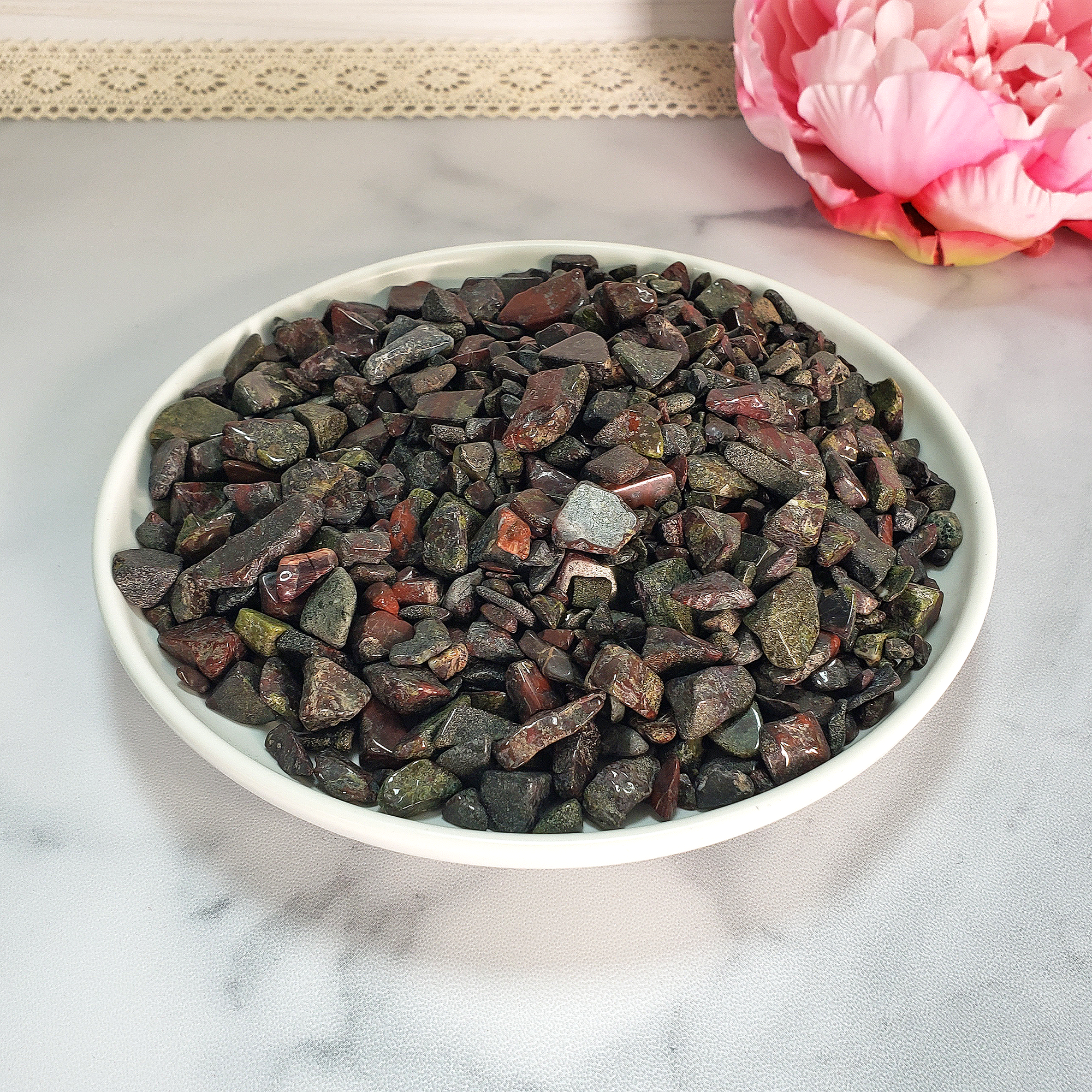 Dragon Stone Natural Gemstone Chips By the Ounce - Dragon Blood Jasper Crystal Chips in White Ceramic Bowl