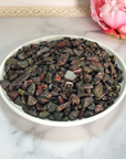 Dragon Stone Natural Gemstone Chips By the Ounce - Dragon Blood Jasper Crystal Chips in White Ceramic Bowl