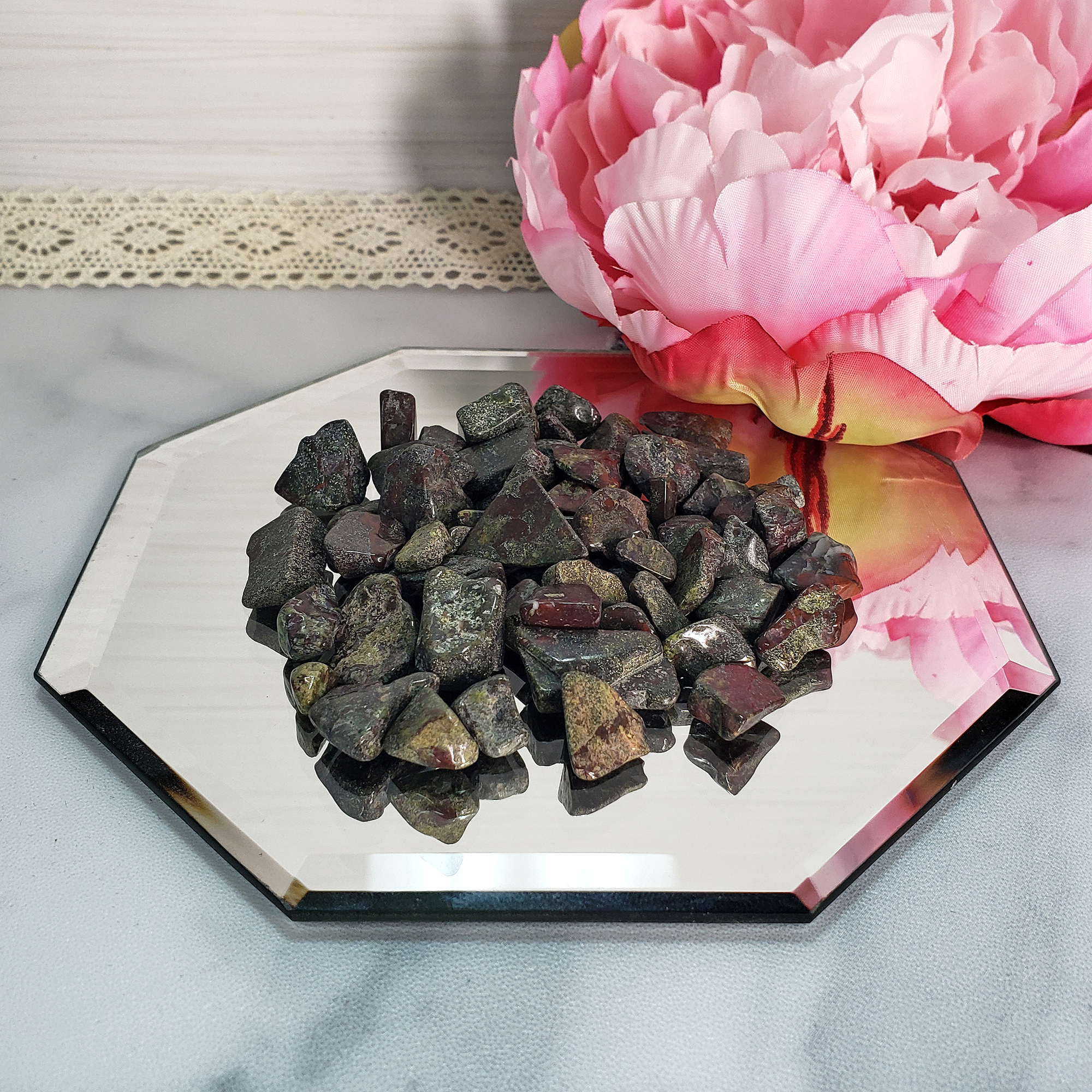 Dragon Stone Natural Gemstone Chips By the Ounce - Dragon Blood Jasper Crystal Chips on Craft Mirror