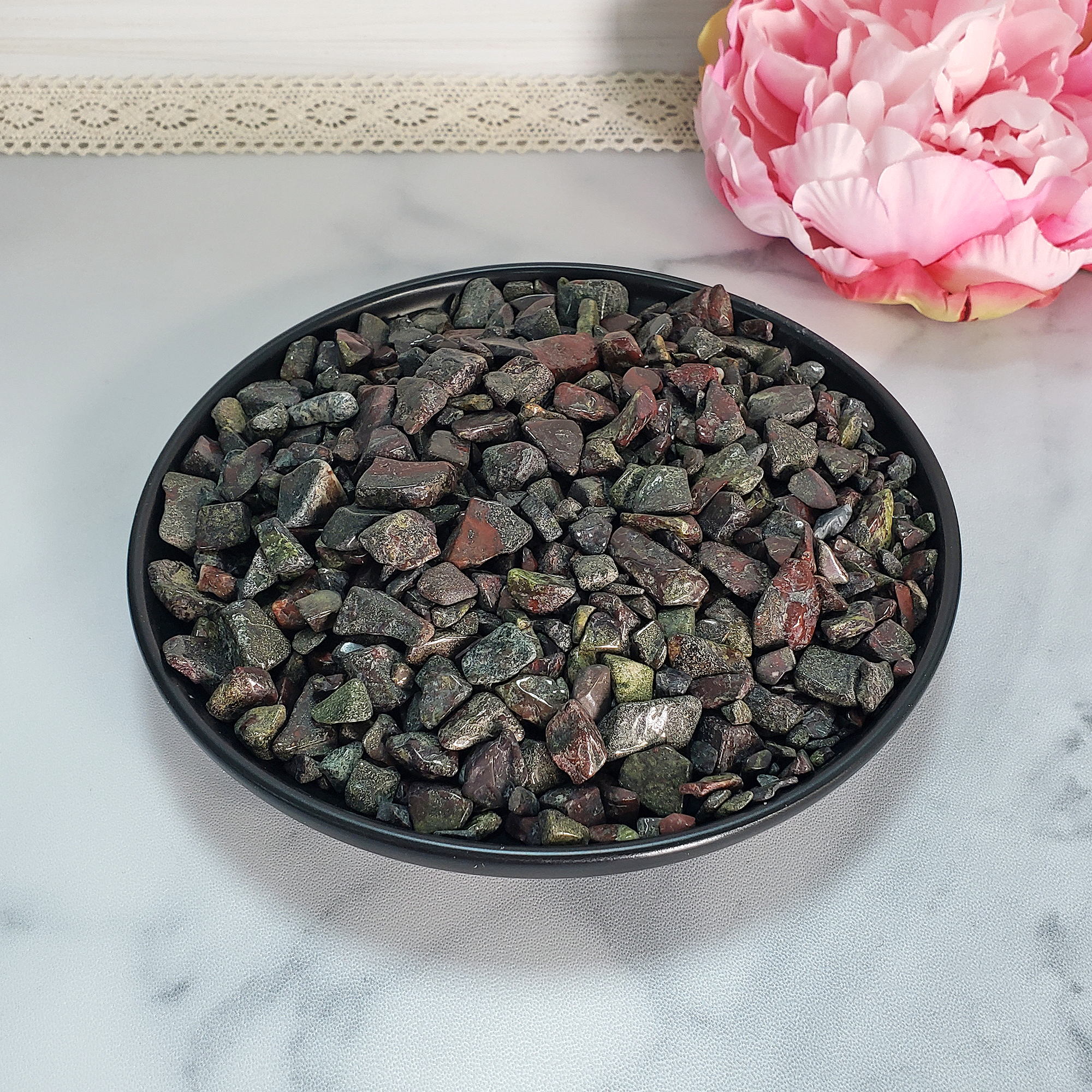 Dragon Stone Natural Gemstone Chips By the Ounce - Dragon Blood Jasper Crystal Chips in Black Ceramic Dish