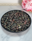 Dragon Stone Natural Gemstone Chips By the Ounce - Dragon Blood Jasper Crystal Chips in Black Ceramic Dish