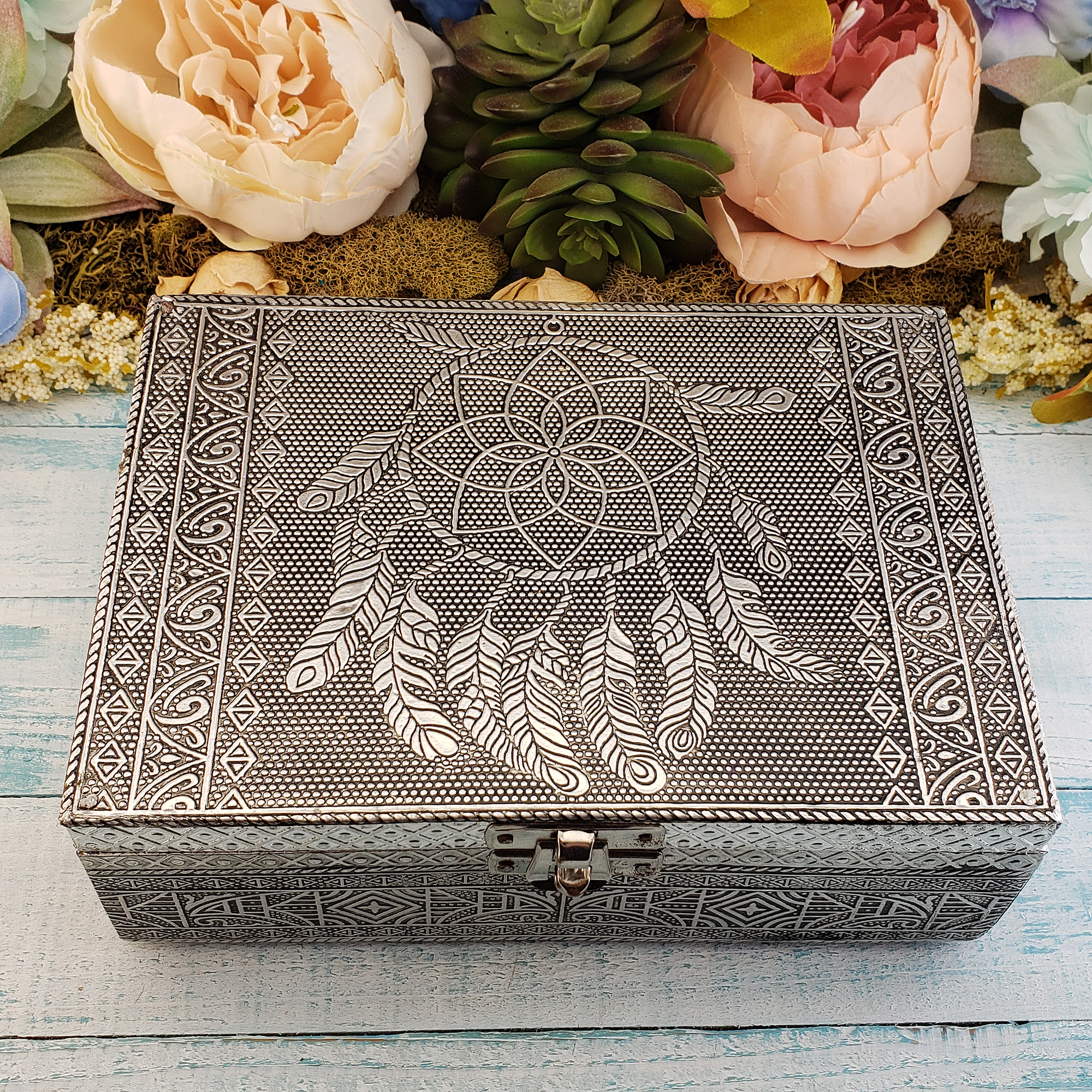 Dreamcatcher Embossed Metal Over Wooden Decorative Storage Box - 6.75 x 4.75 inches